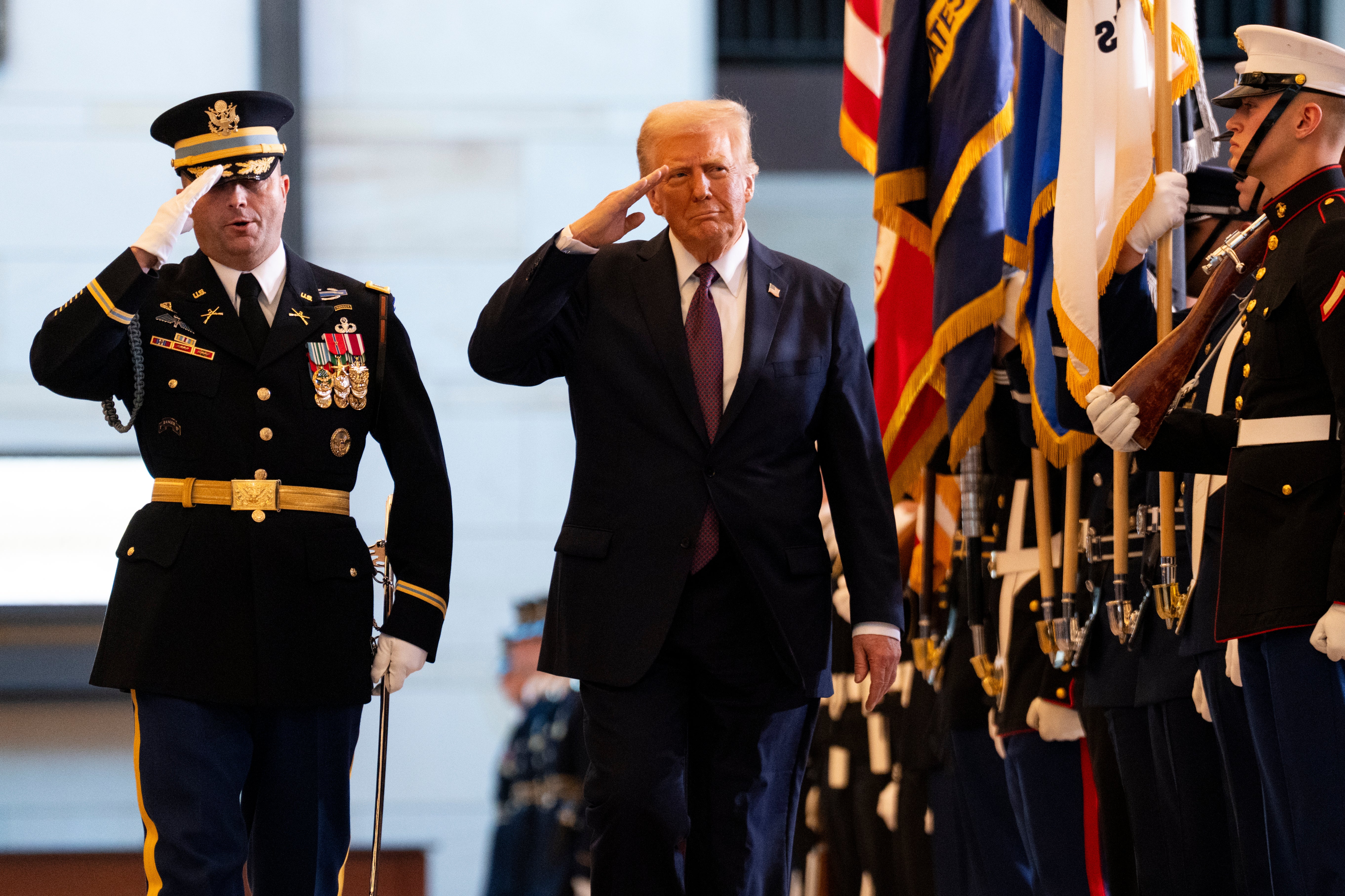 President Donald Trump reviews the troops during his Inauguration ceremony at the U.S. Capitol on January 20, 2025 in Washington, DC.