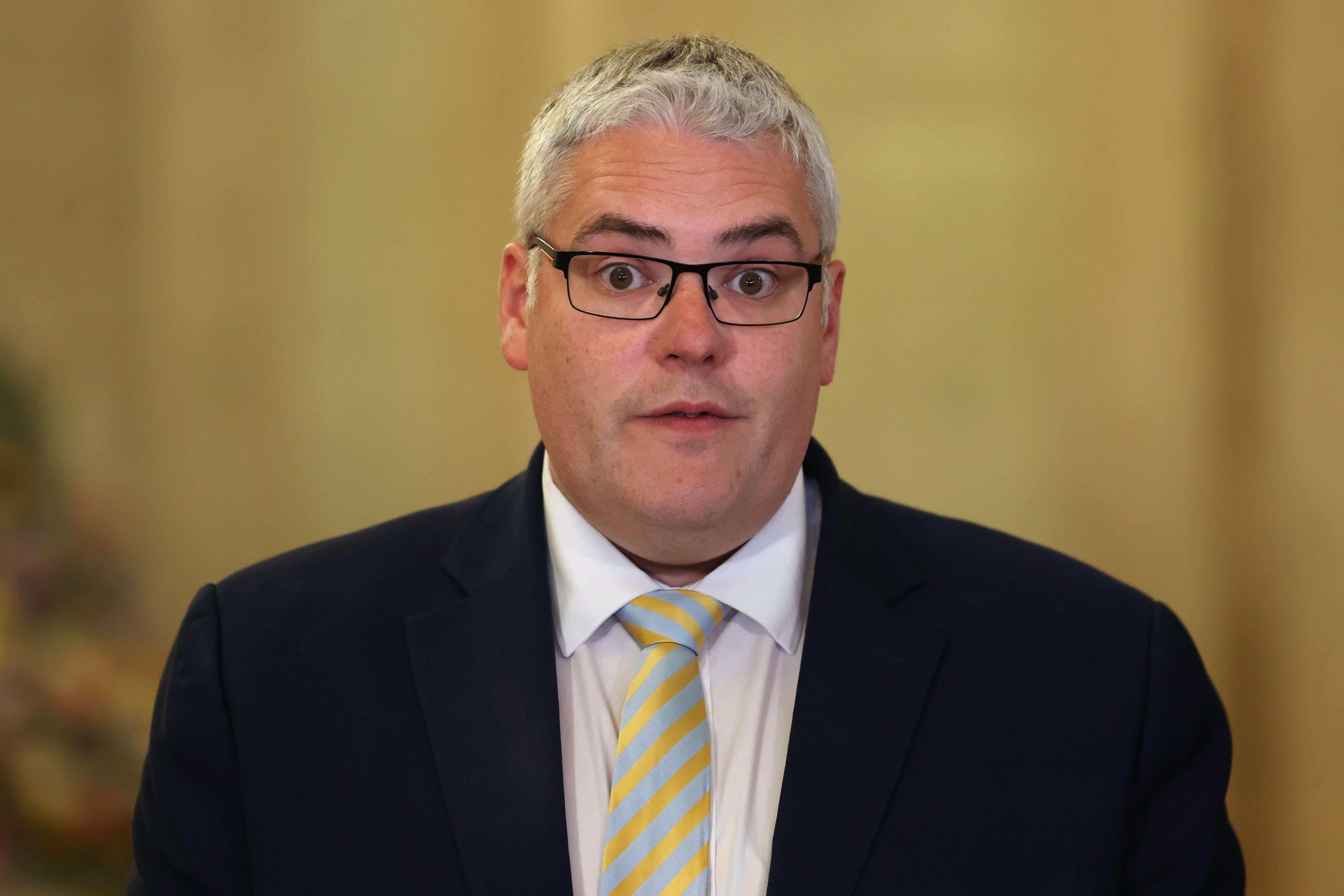 DUP leader Gavin Robinson speaking to the media at Stormont, Belfast, after Conservative leader Kemi Badenoch has demanded the prosecution of rap trio Kneecap for allegedly calling for the death of Tory MPs. Video emerged of the group at a November 2023 gig appearing to show one member saying: “The only good Tory is a dead Tory. Kill your local MP.” Picture date: Monday April 28, 2025.