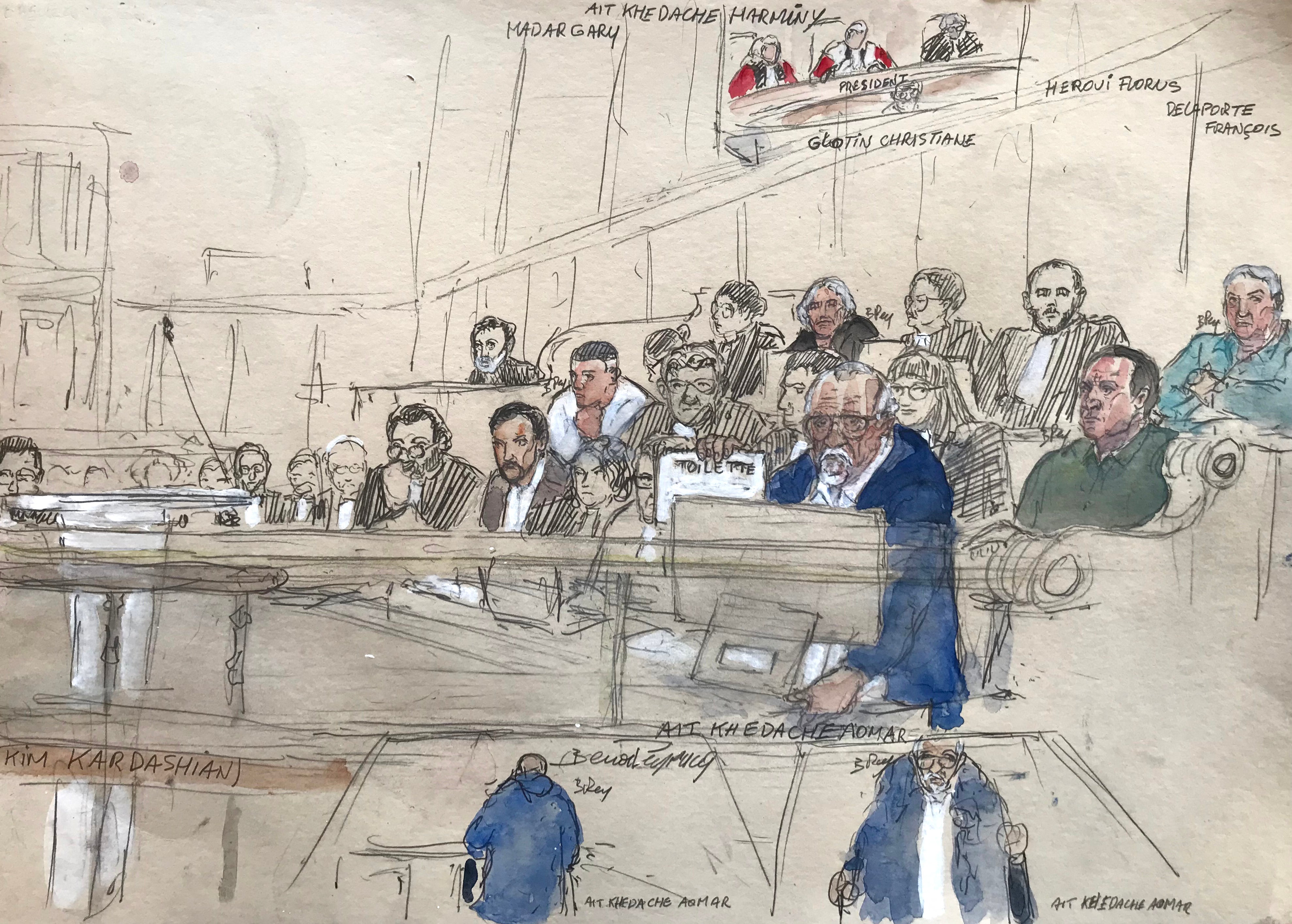 This court sketch shows defendants Aomar Ait Khedache (C, front), Francois Delaporte (R, up), Florus Heroui (2nd R, up) and Christiane Glotin (4th T, up) during the trial