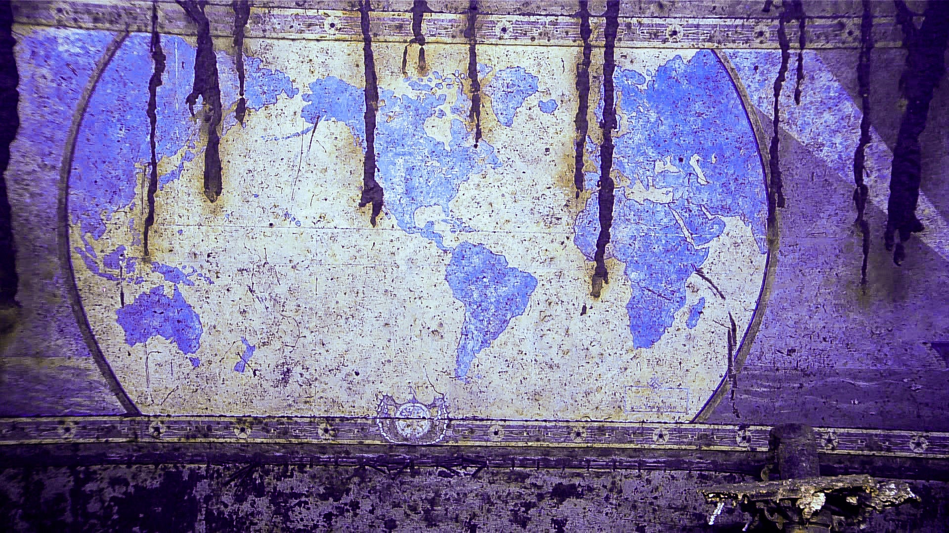 View of the mural, ‘A Chart of the Cruises of the USS Yorktown,’ hand-painted inside the ship’s #2 elevator shaft, seen during the Papahānaumokuākea ROV and Mapping expedition dive on April 19, 2025