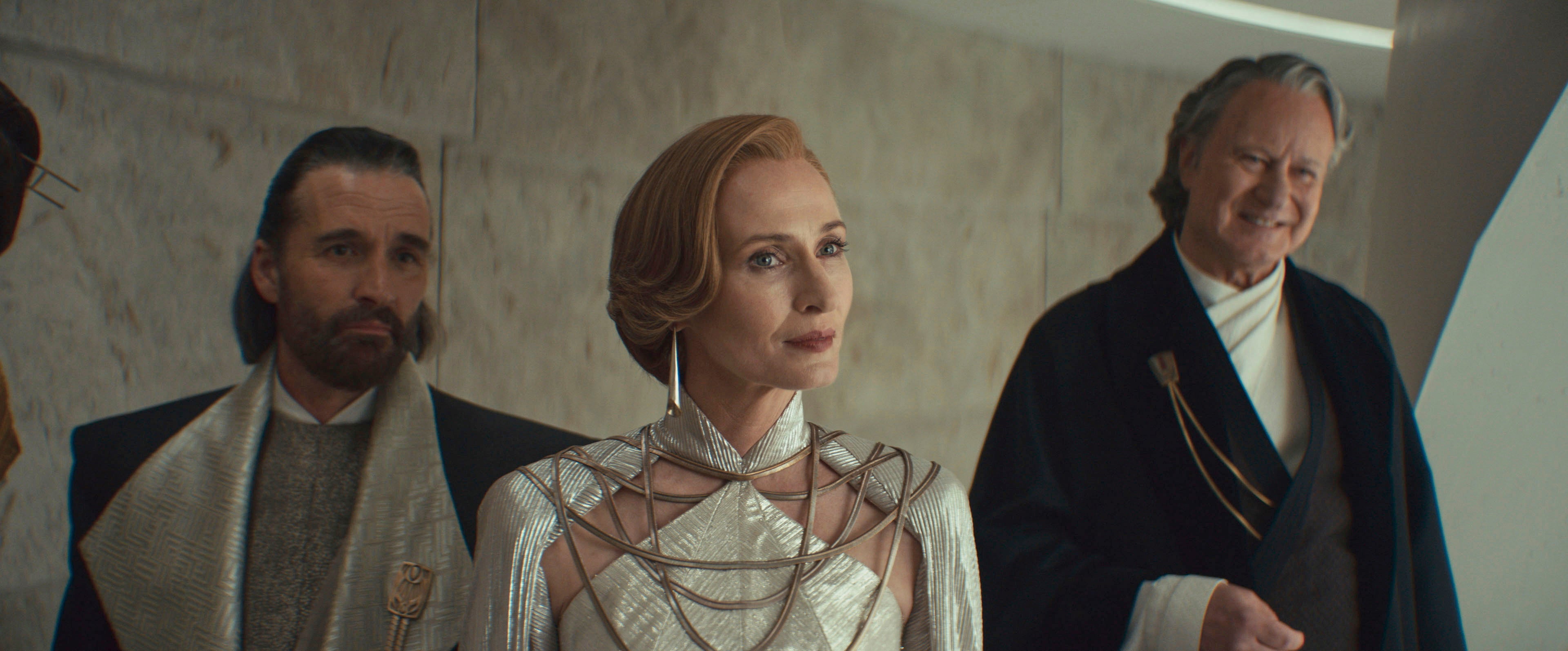 Allistair Mackenzie, as Perrin Fertha, from left, Genevieve O'Reilly, as Mon Mothma, and Stellan Skarsgård, as Luthen Rael, in a scene from ‘Andor’