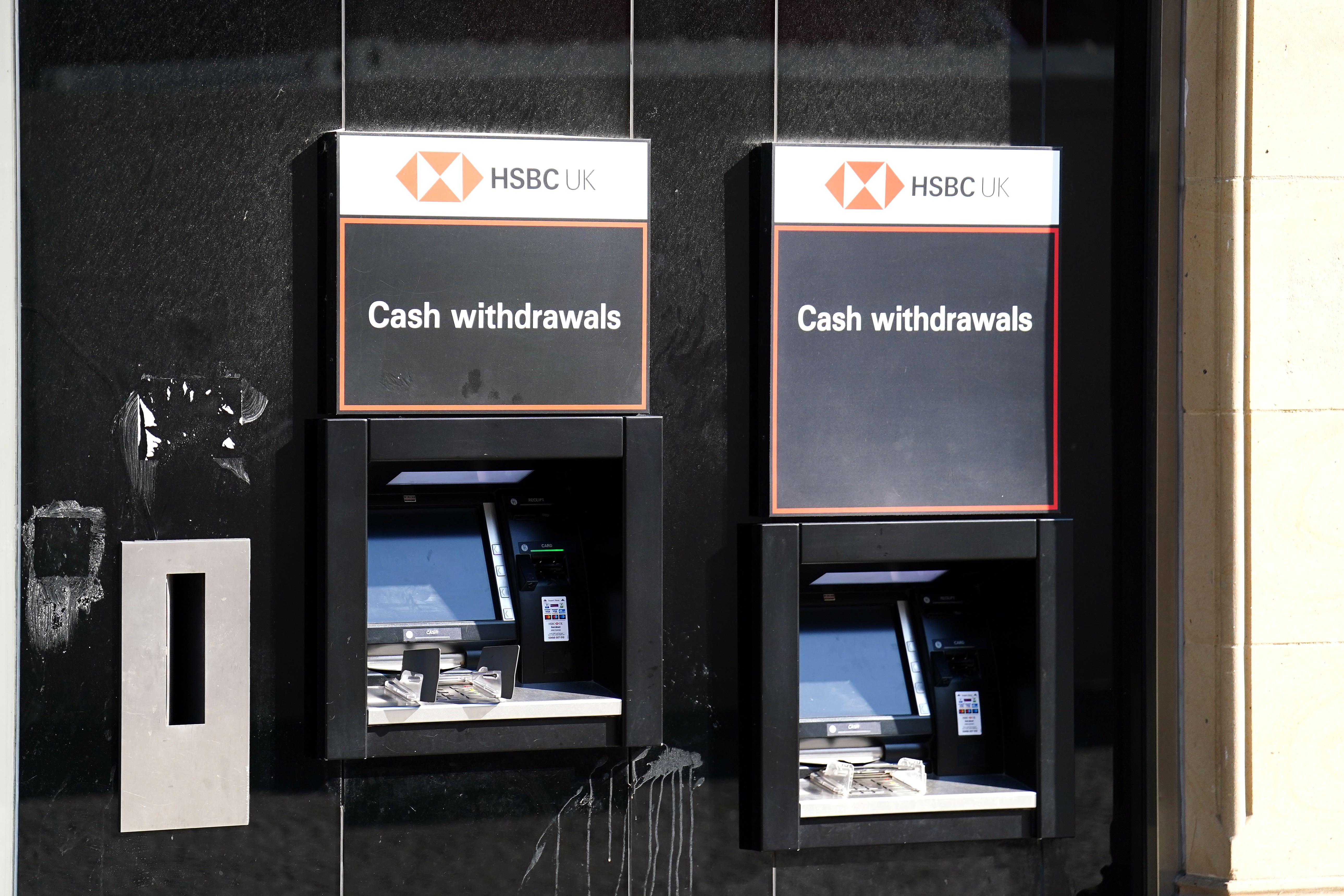 A general view of two cash machines outside a HSBC Uk bank in Sheffield, UK (Mike Egerton/PA)