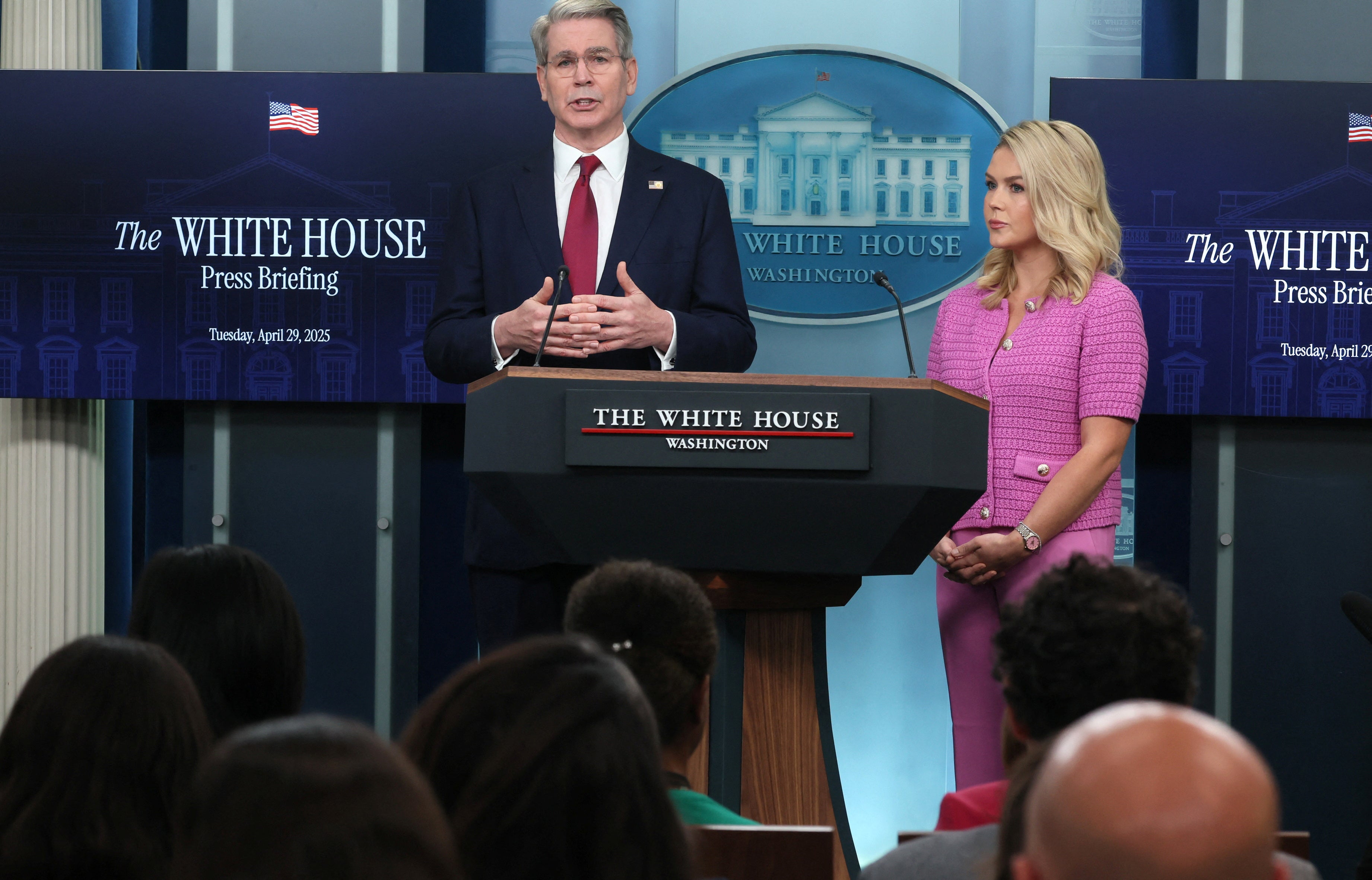 Treasury Secretary Scott Bessent, with White House press secretary Karoline Leavitt during a press briefing at the White House, dodged a question about whether talks between the US and China were happening