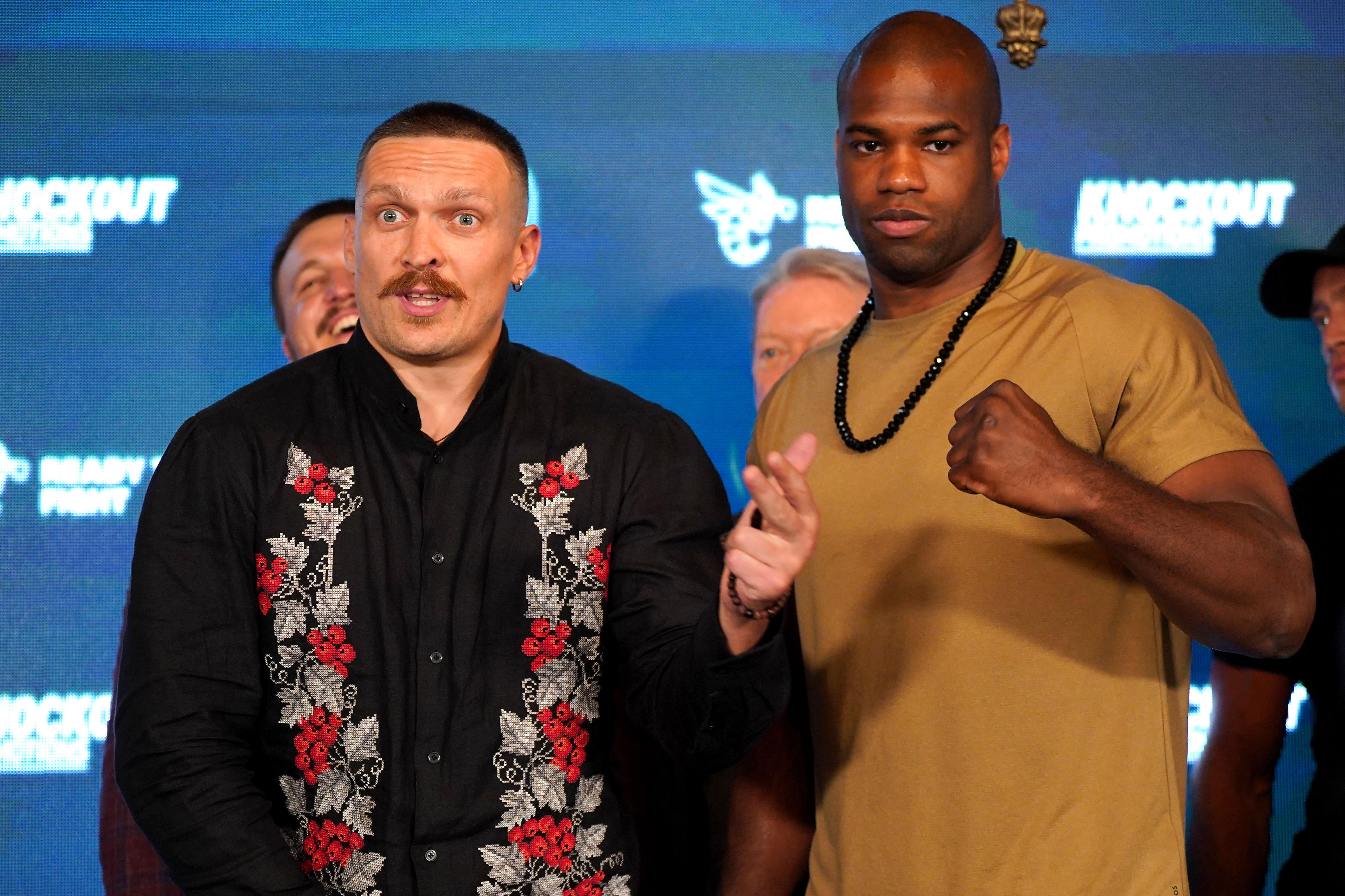 Oleksandr Usyk and Daniel Dubois, pictured at a London press conference in July 2023 (Yui Mok/PA)
