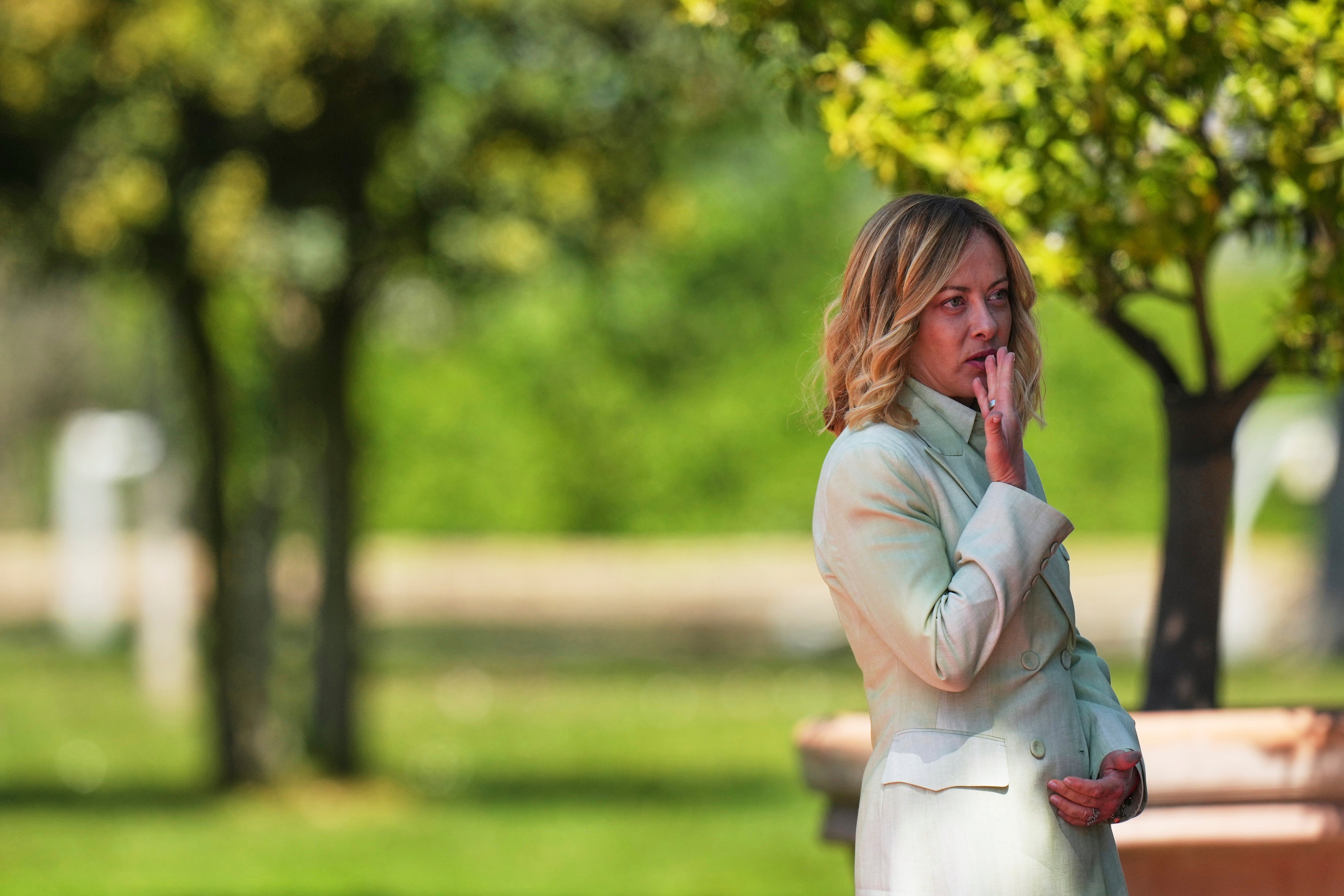 Italian Prime Minister Giorgia Meloni waits for the arrival of Turkey's President Recep Tayyip Erdogan for a bilateral meeting, at villa Doria Pamphilj, in Rome, Tuesday, April 29, 2025. (AP Photo/Francisco Seco)