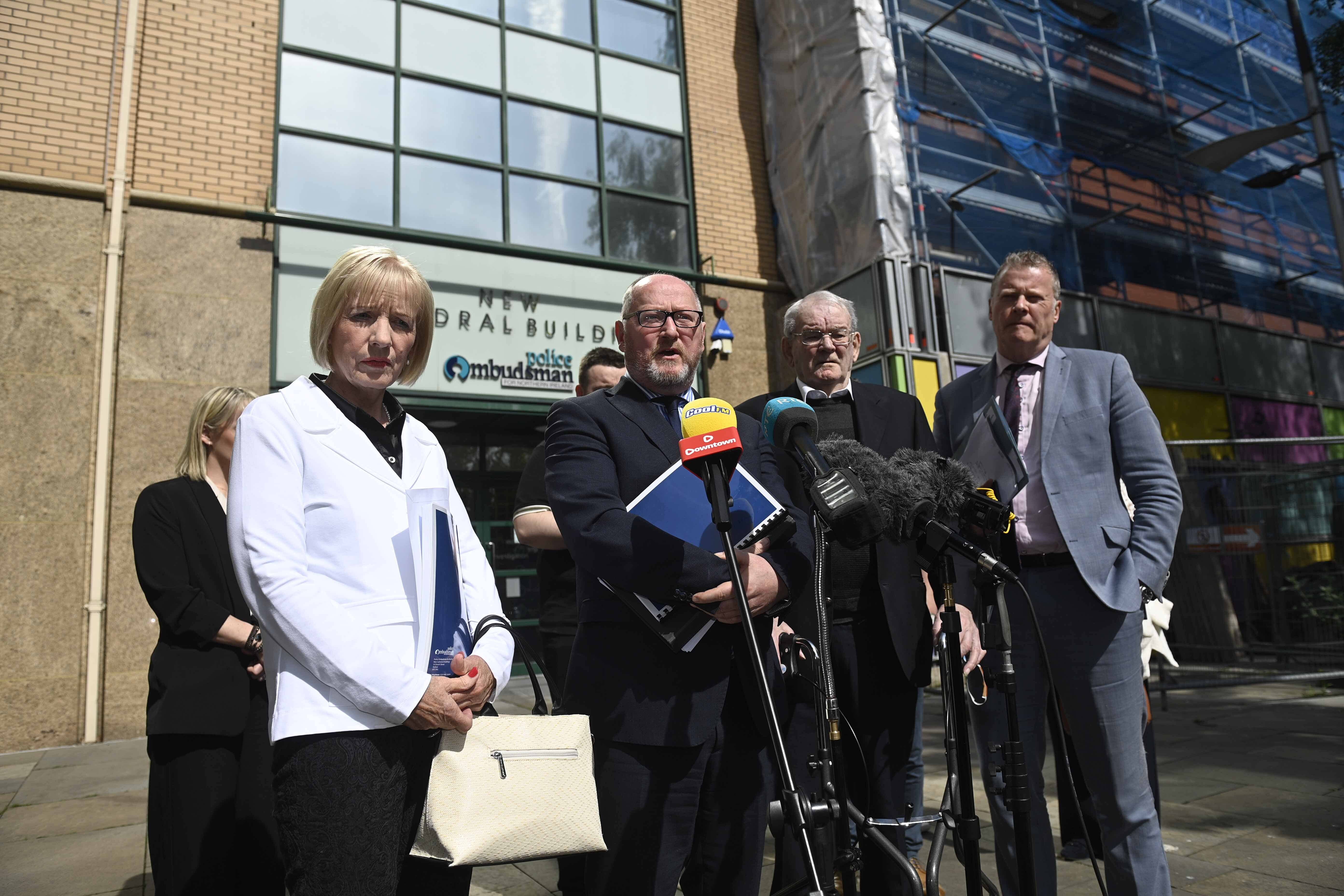 The only suriving member of the Kingsmill massacre Alan Black (second right) outside the Police Omudsman’s building in Belfast, following the publication of the Police Ombudsman for Northern Ireland report into one of the most notorious incidents of the Northern Ireland Troubles – the Kingsmill Massacre (Mark Marlow/PA)