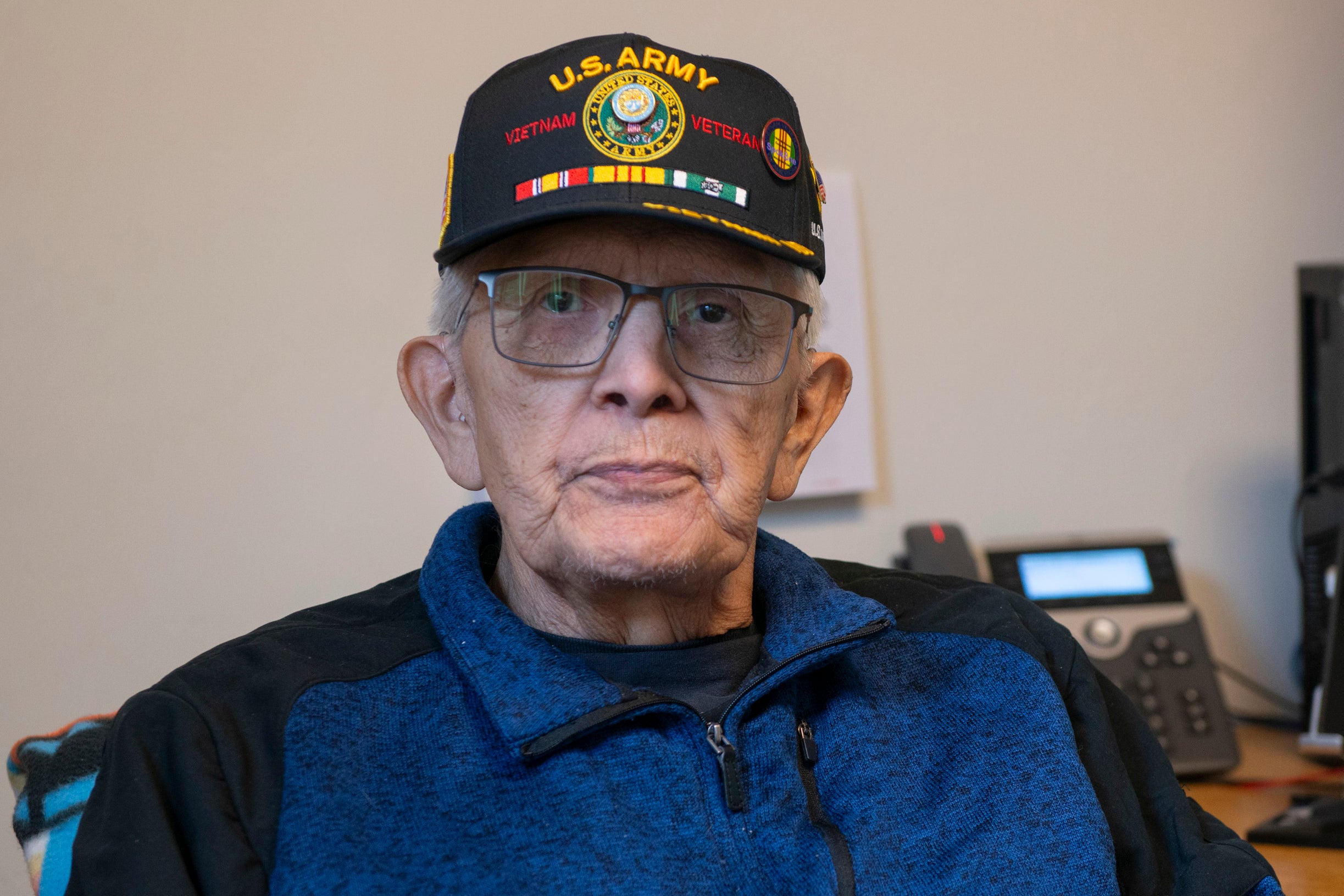 George Bennett sits at his desk on the SEARHC campus in Sitka, Alaska, Monday, April 28, 2025. (James Poulson/The Daily Sitka Sentinel via AP)