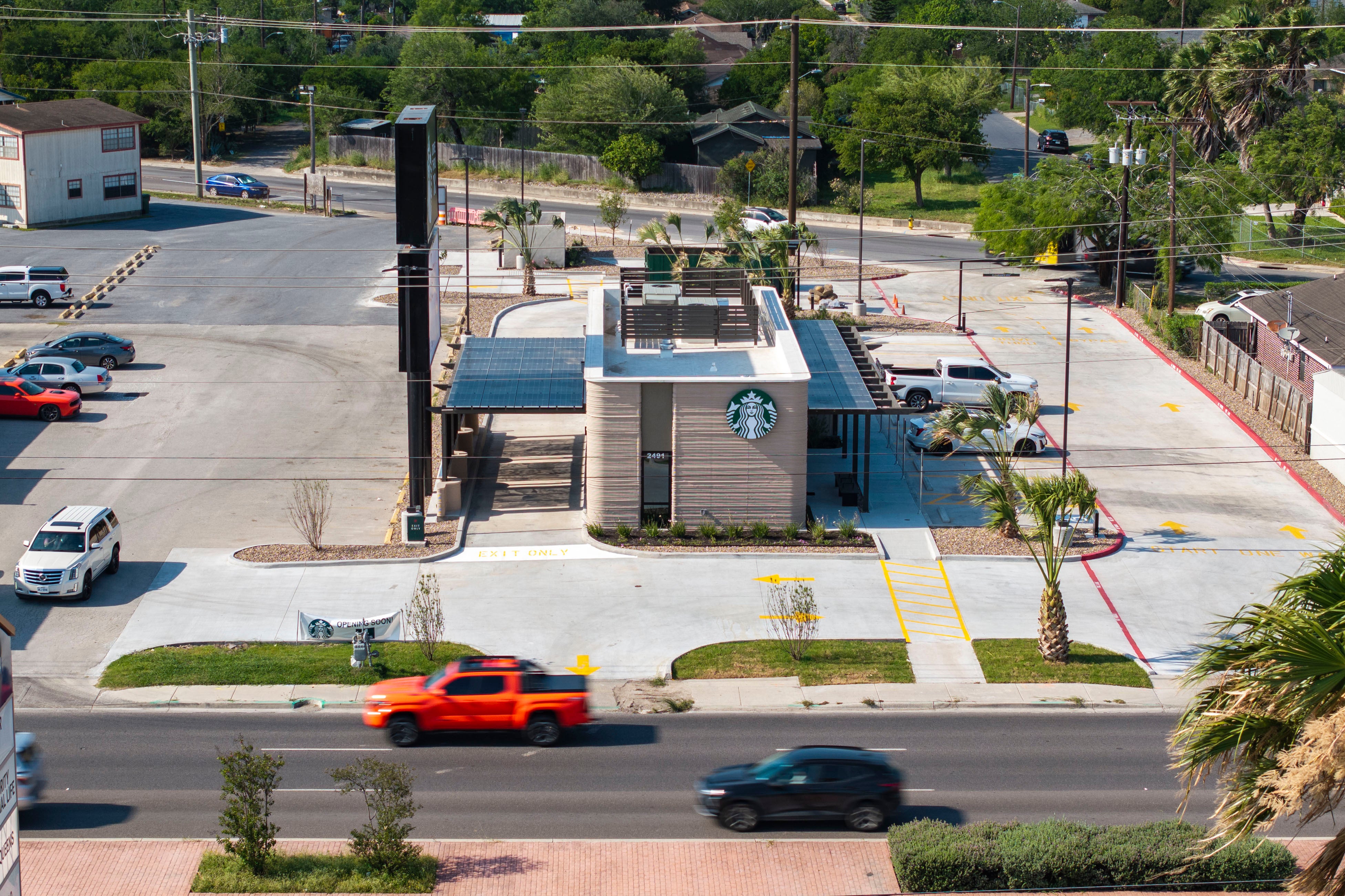An aerial view shows the 3D-printed Starbucks store in Brownsville, Texas