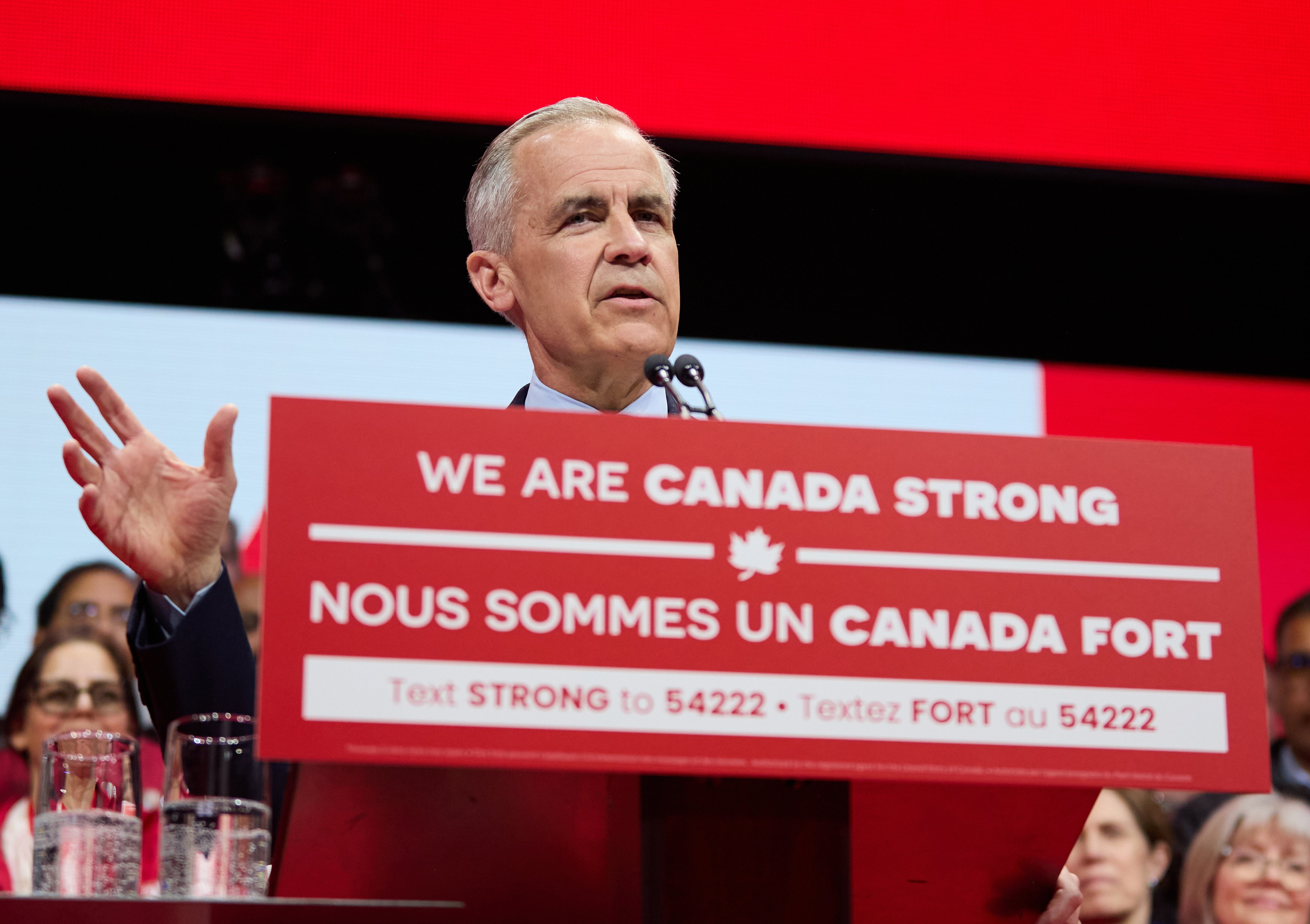 Canadian prime minister Mark Carney delivers remarks to supporters at the Liberal Party election night event in Ottawa, Ontario, Canada, 28 April 2025. Carney was re-elected prime minister after Canadians went to the polls earlier in the day