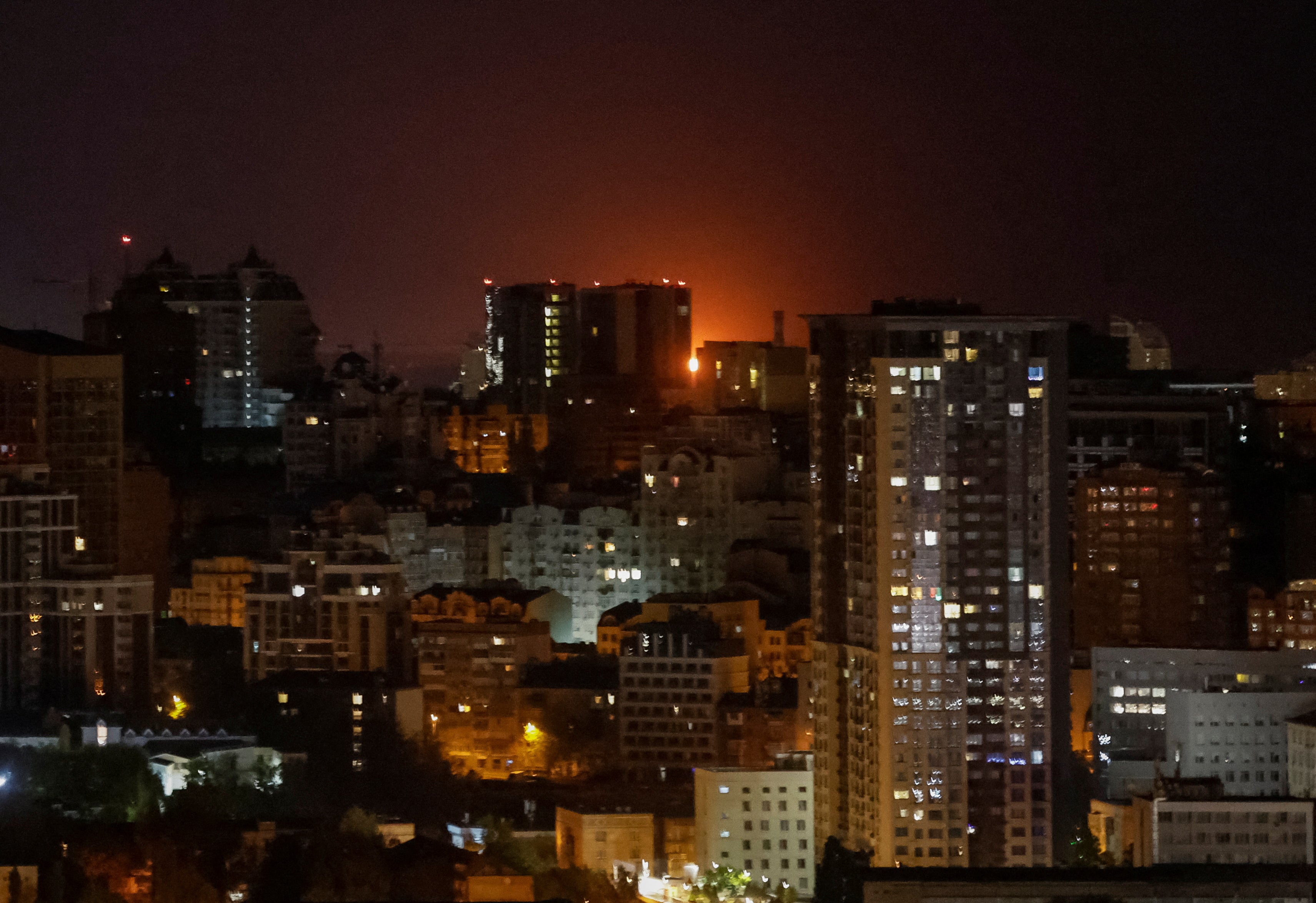A drone explodes over the city of Kyiv during an overnight strike by Russia