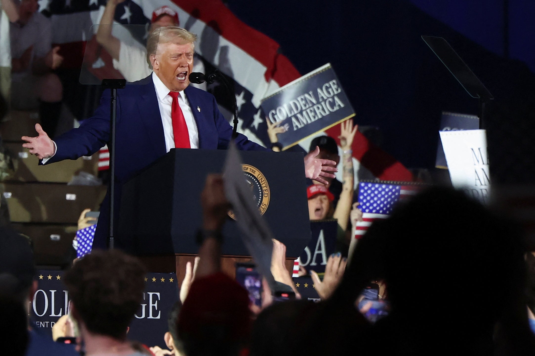 President Donald Trump speaks during a rally to mark his 100th day in office, at Macomb Community College in Warren, Michigan