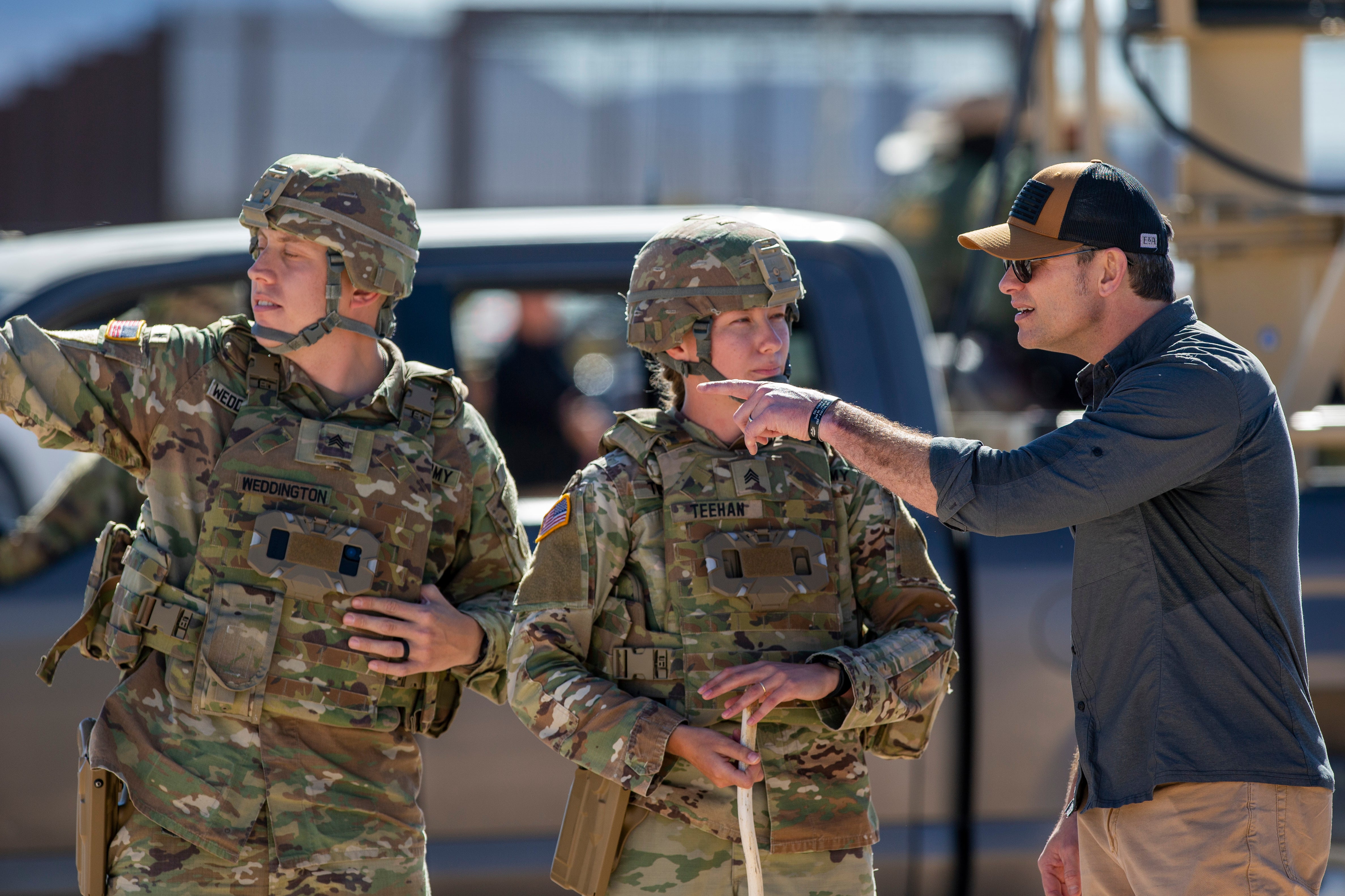 Defense Secretary Pete Hegseth, right, speaks as he's briefed by Army soldiers while visiting the US-Mexico border in Sunland Park, N.M., Monday, Feb. 3, 2025. (AP Photo/Andres Leighton, File)