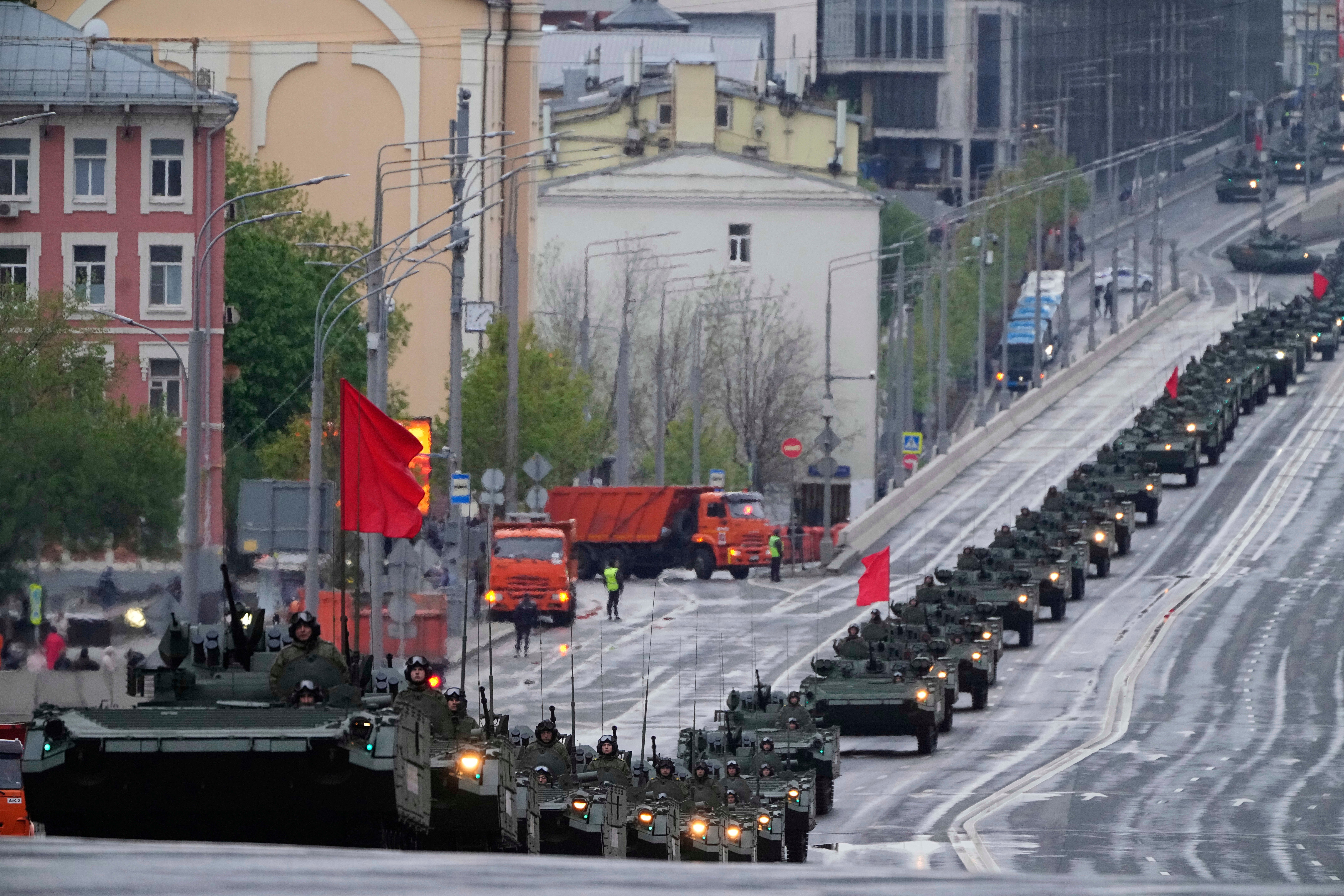 Russian armored vehicles cross Moscow to take part in its Victory Day parade