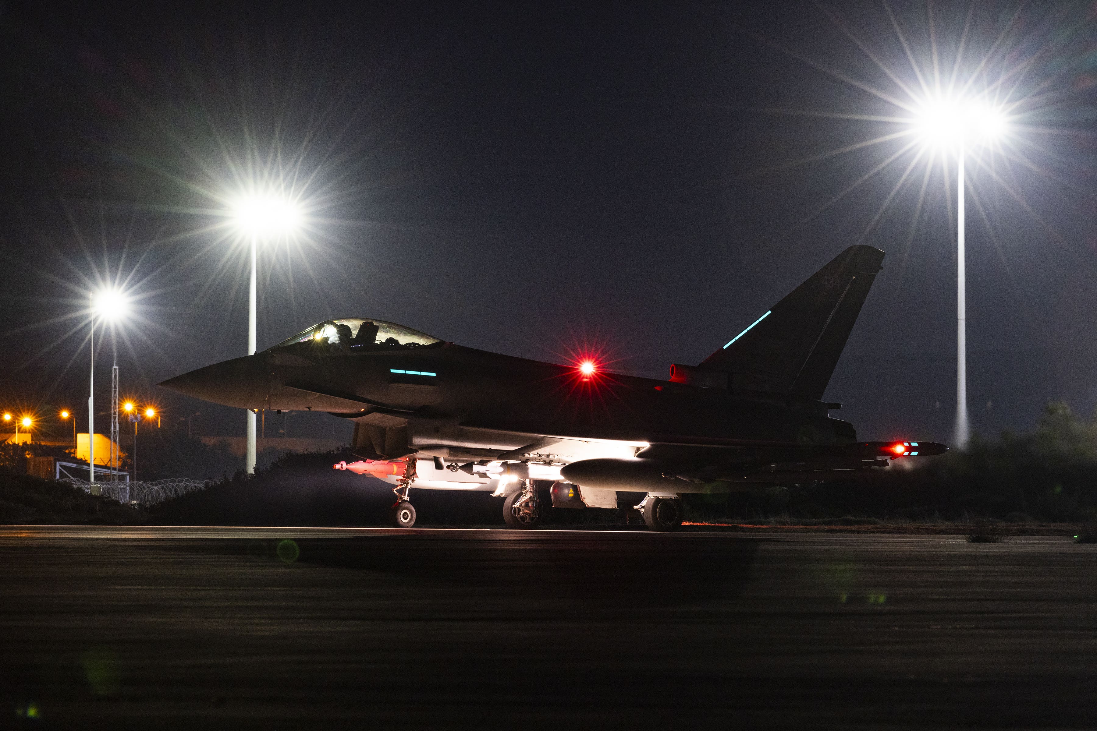Handout photo dated 24/02/24 issued by the Ministry of Defence (MoD) of RAF Typhoon FGR4s preparing to take off, to conduct further strikes against Houthi targets (Cpl Tim Laurence RAF/UK MOD Crown copyright)