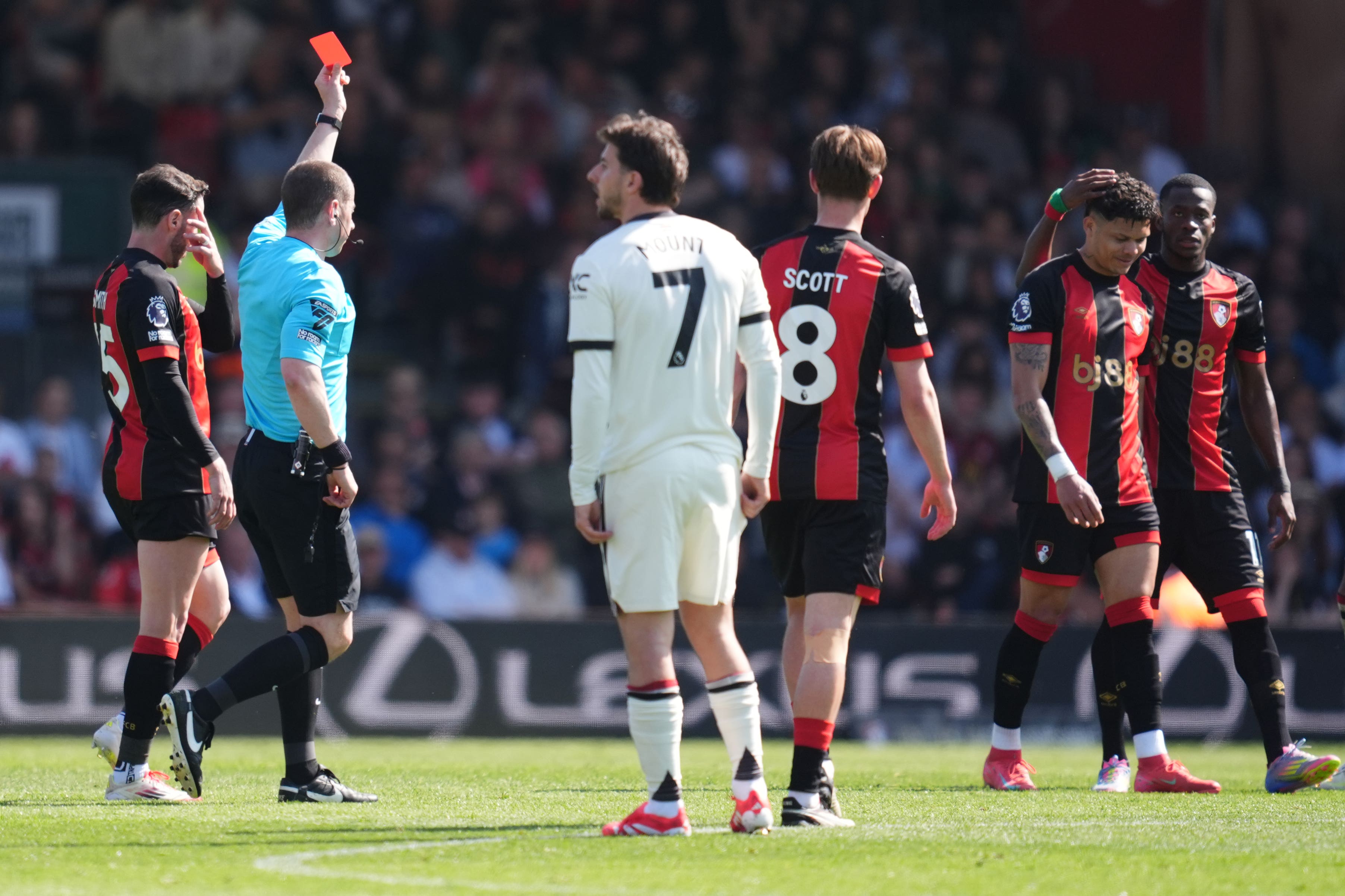 Bournemouth striker Evanilson, second from right, was sent off against Manchester United on Sunday (Adam Davy/PA)