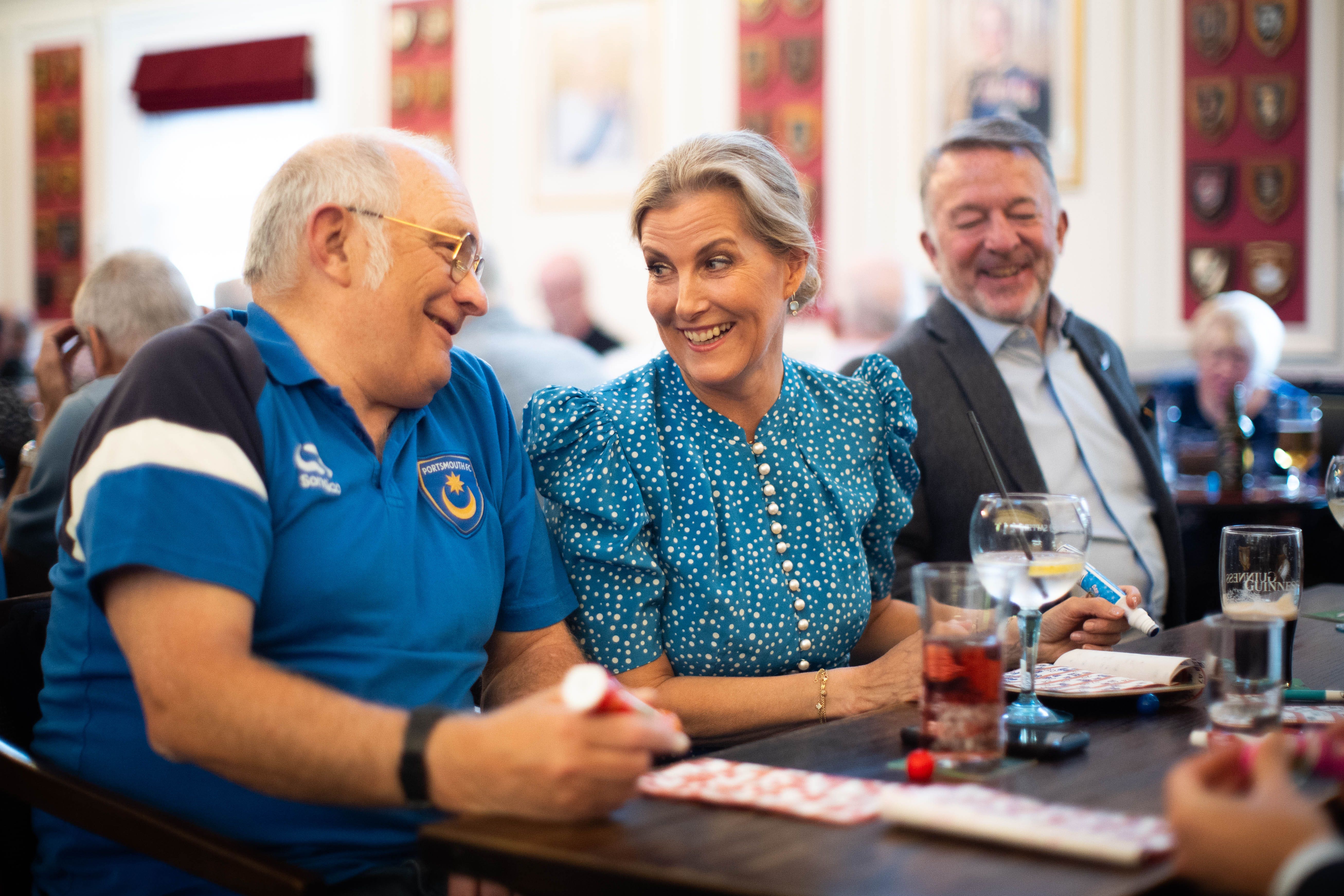 The Duchess of Edinburgh plays bingo with Chelsea Pensioners during her visit to the Royal Hospital Chelsea (James Manning/PA)