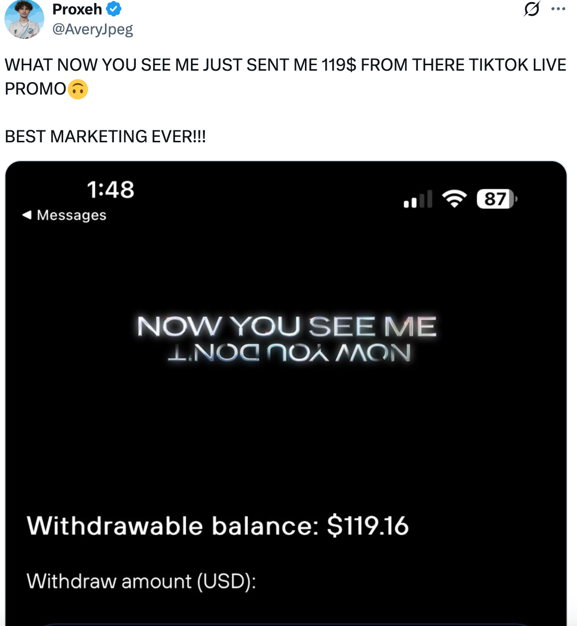 Fan reveals the text they got about getting $119 in Now You See Me stunt