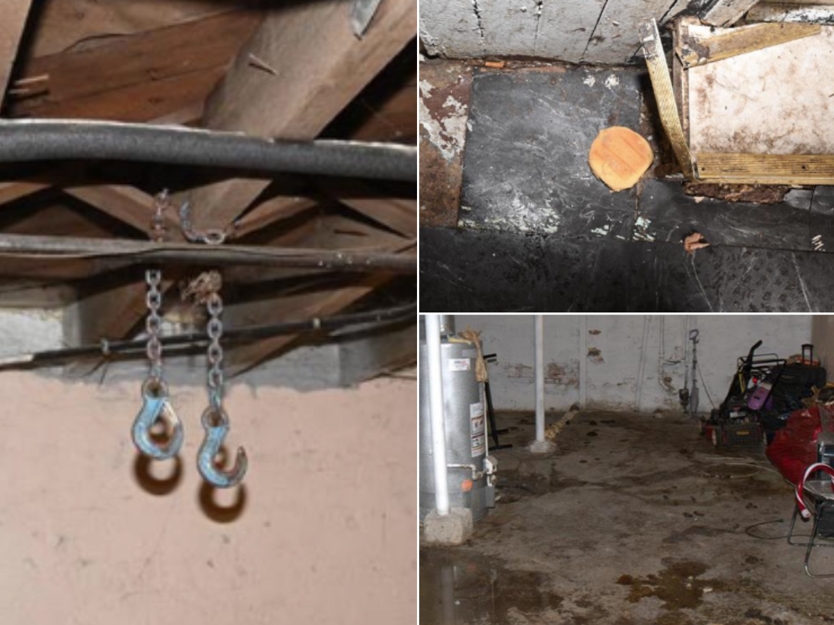 Photos of the chains (left), the bread (top right) and the basement where two girls were allegedly kept (bottom right) were included in the criminal complaint