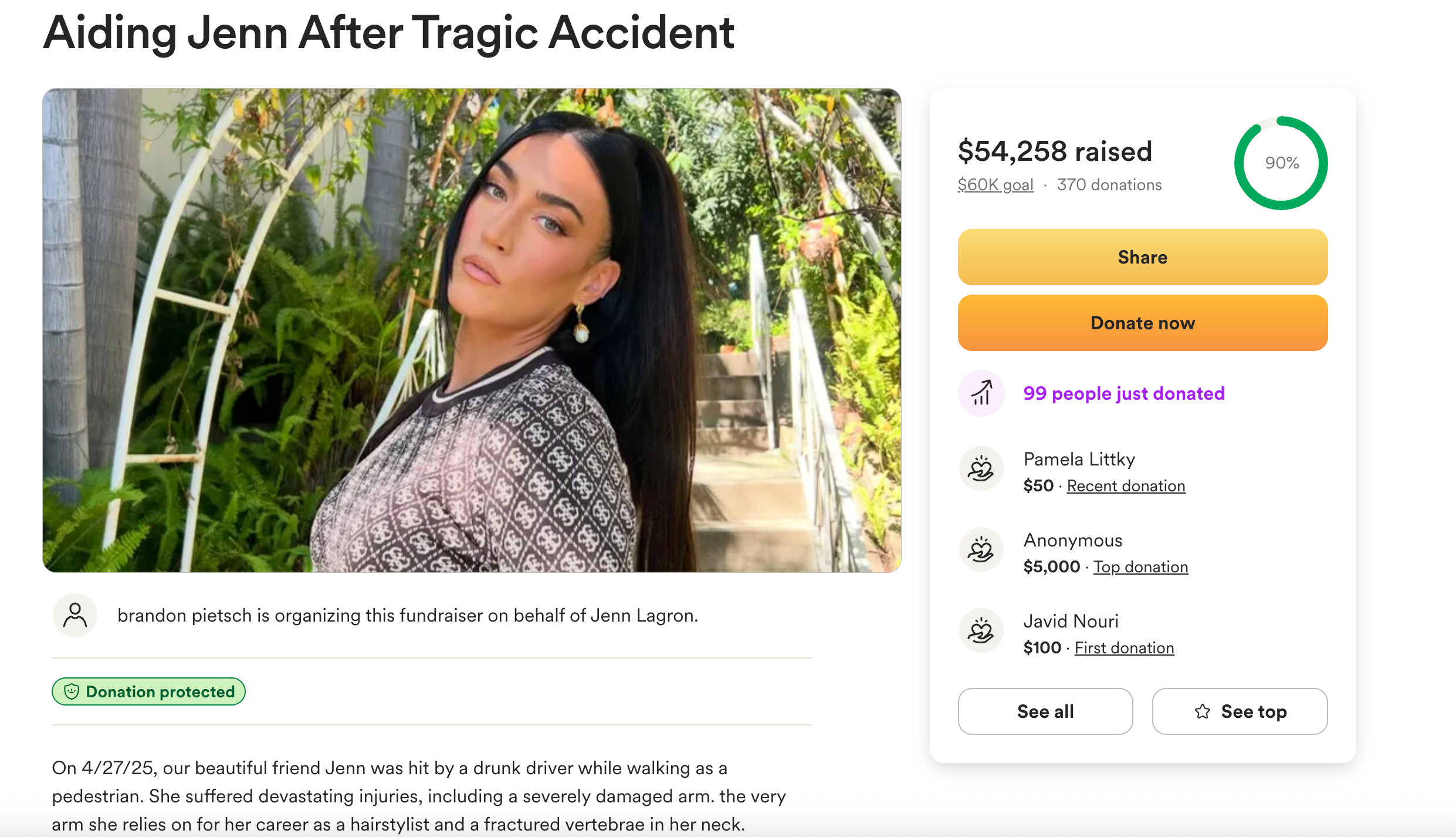 A GoFundMe has been started for celebrity hairstylist Jenn Lagron