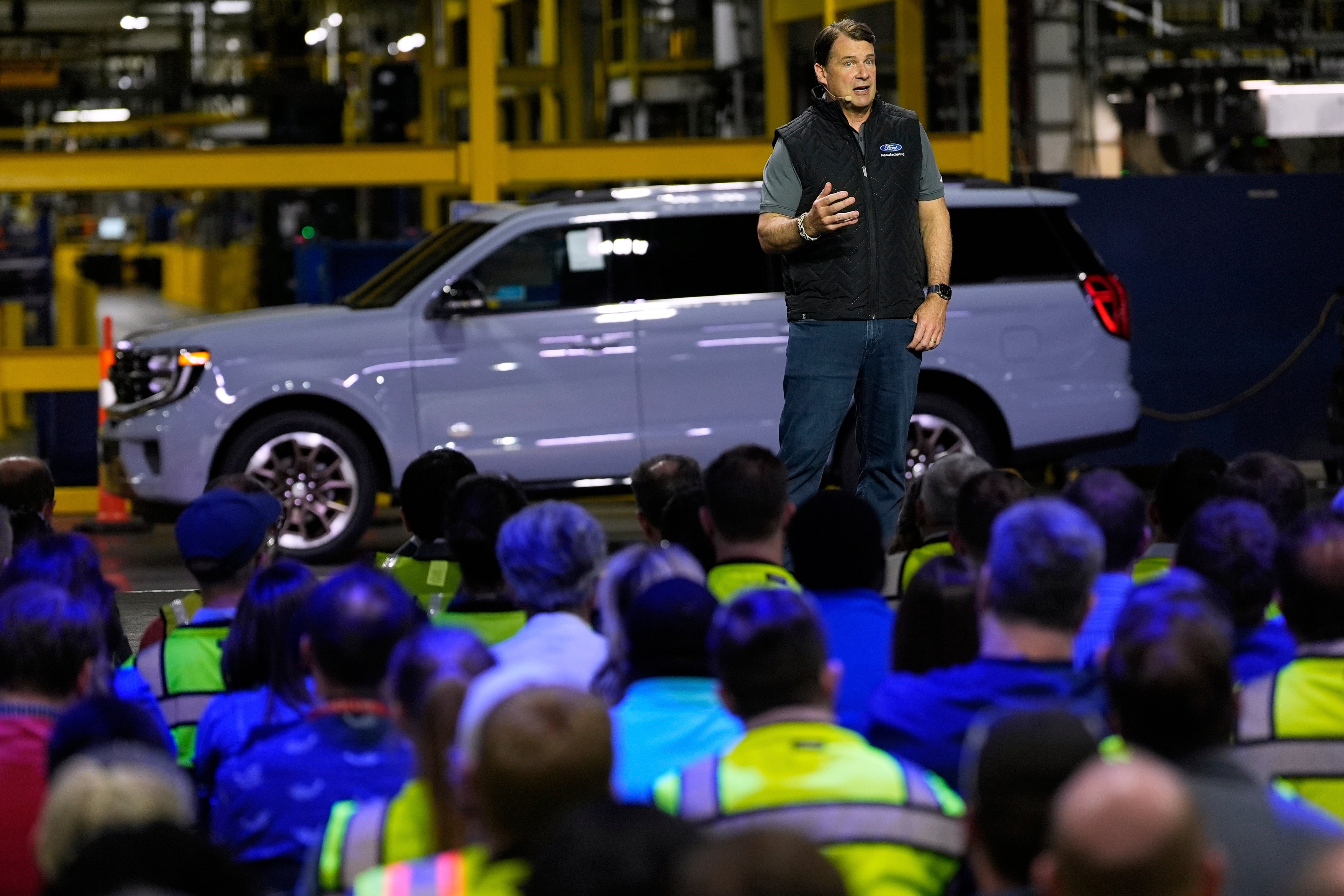 Jim Farley, President and Chief Executive Officer of Ford, speaks at the Ford Motor Company Kentucky Truck Plant to launch the 2025 Ford Expedition, Wednesday, April 30, 2025, in Louisville, Ky.