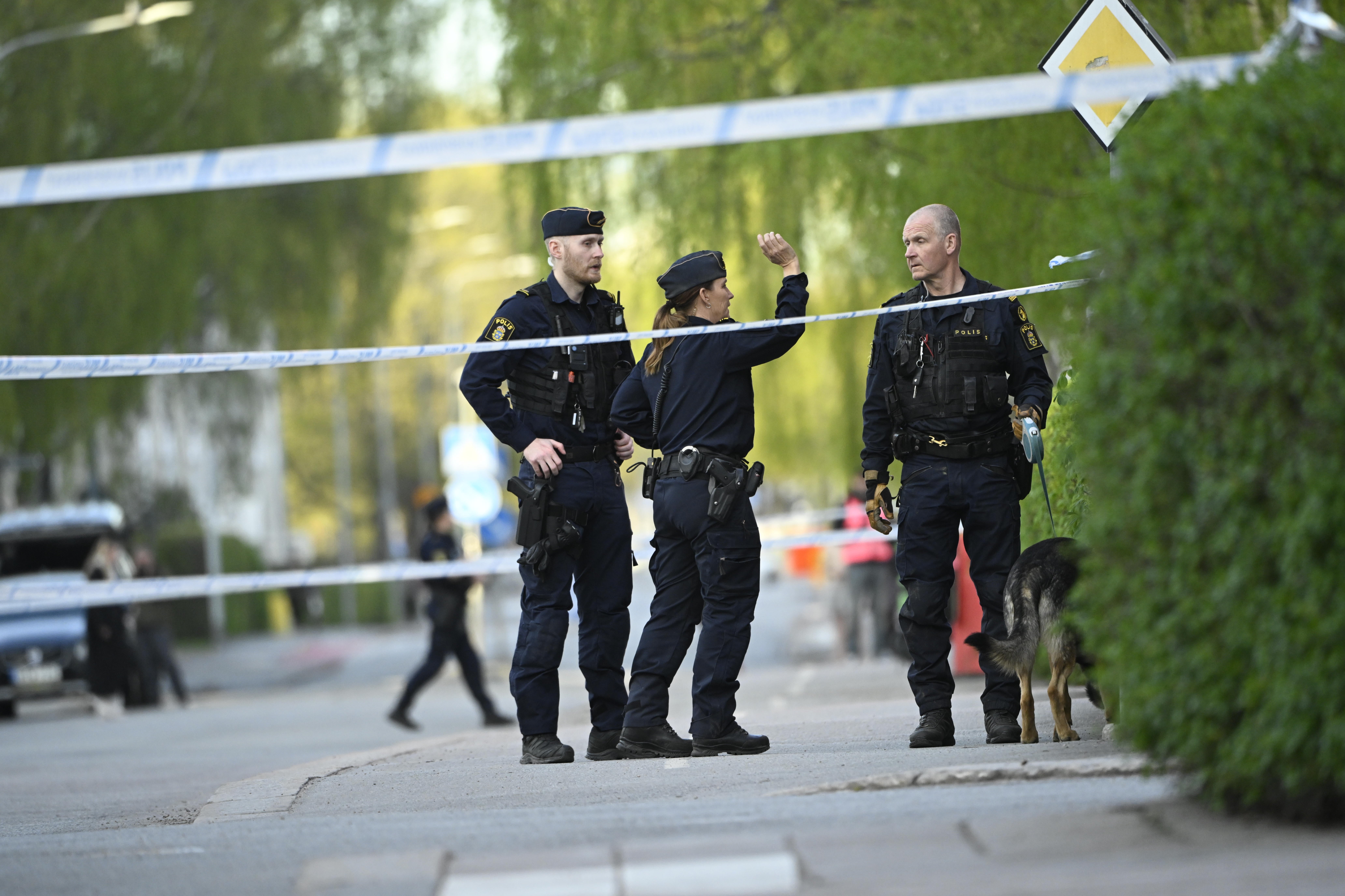 Police at the scene after a shooting at Vaksala Square in Uppsala, Sweden, 29 April 2025