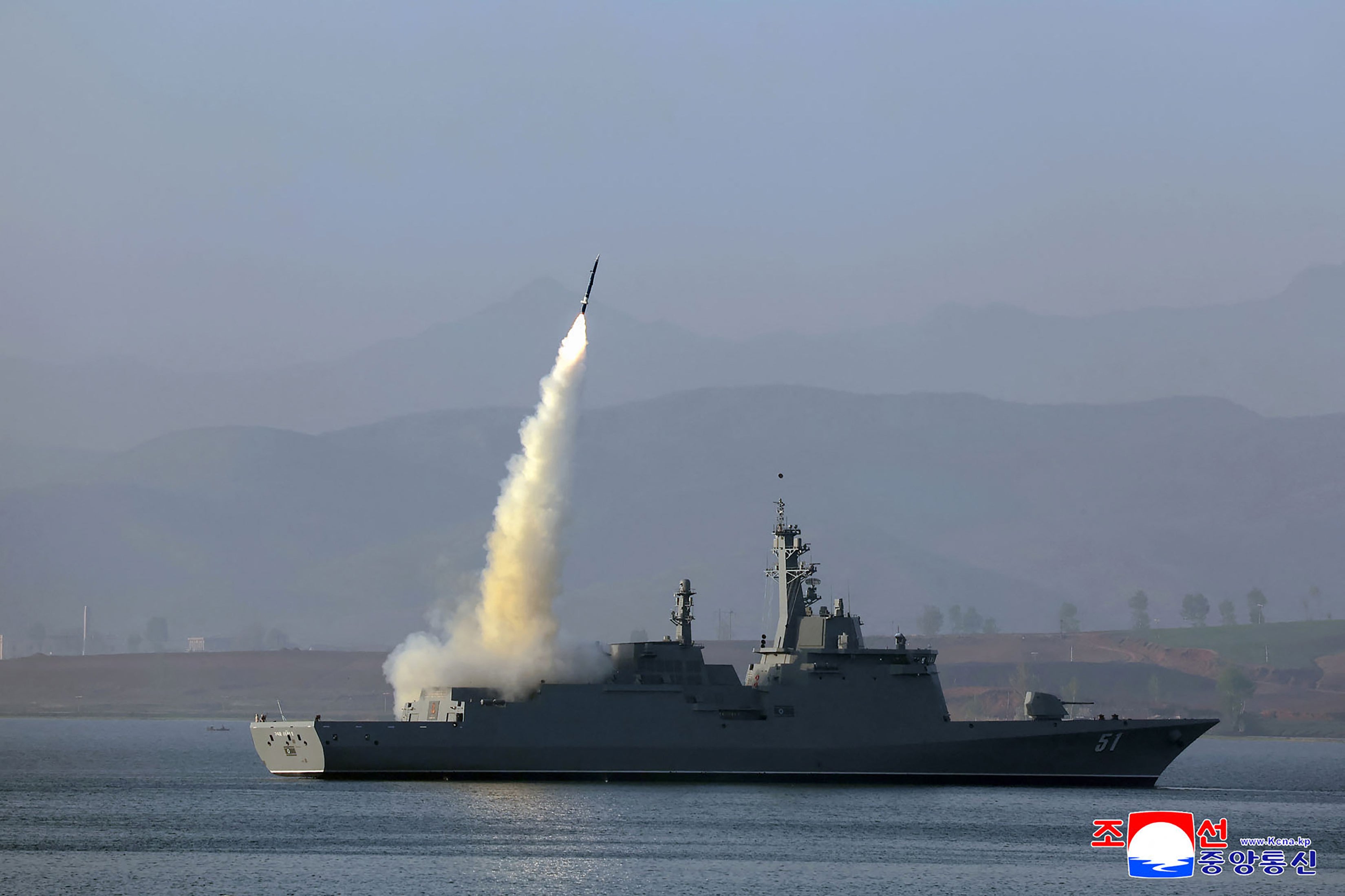 This undated picture released from North Korea's official Korean Central News Agency (KCNA) via KNS on April 30, 2025 shows the test-firing of a weapons system from the deck of North Korea's latest destroyer, the Choe Hyon, during two days of tests on April 28-29 off the coast of an undisclosed location in North Korea