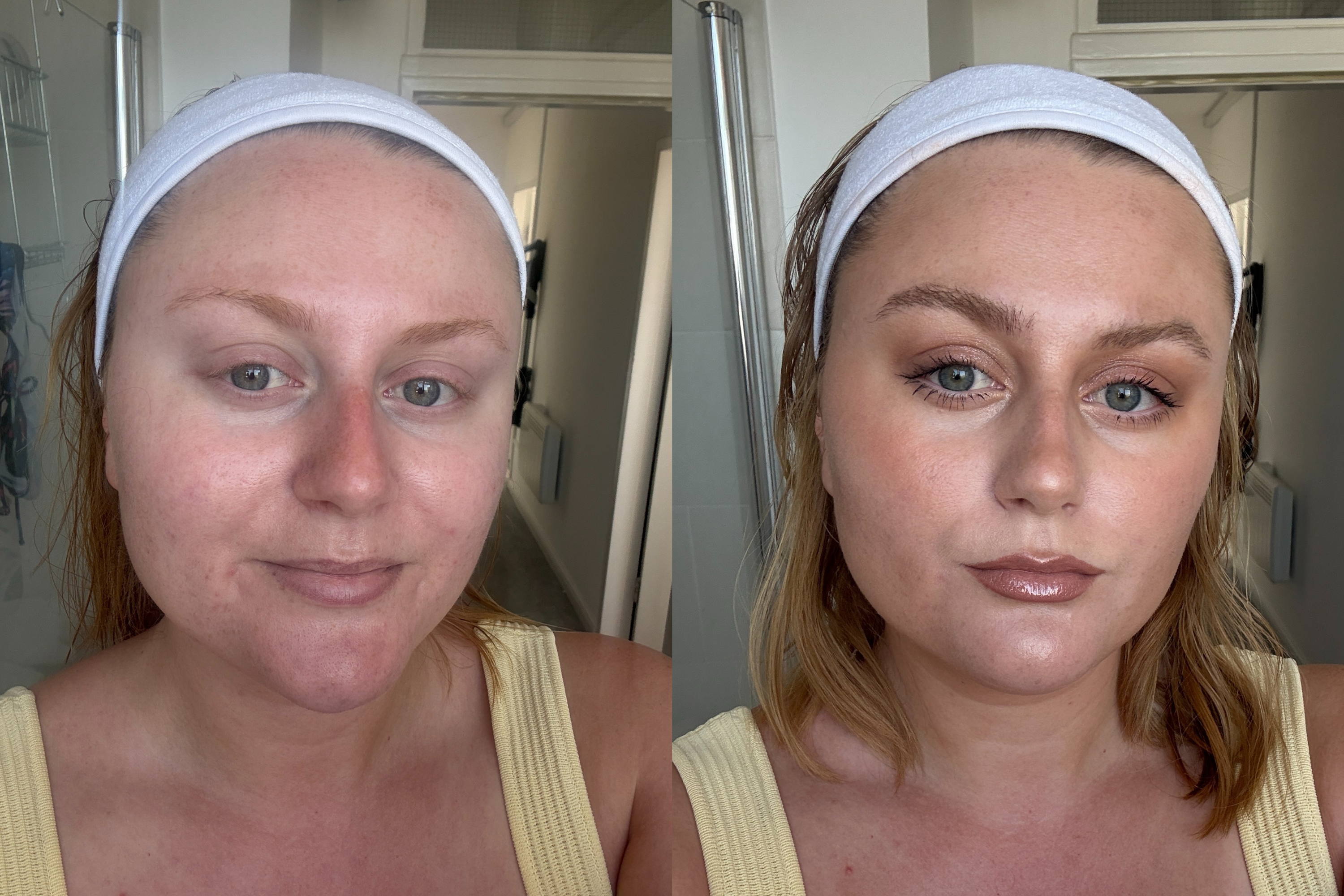 (Left) before and (right) after applying a full face of Tilbury's super nudes sculpting system