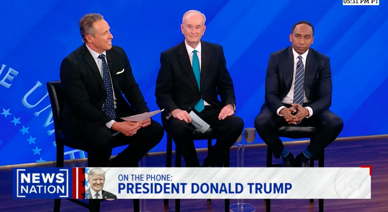 The president, who joined the NewsNation event on Wednesday night via phone, faced questions from (L-R) Chris Cuomo, Bill O’Reilly and Stephen A Smith