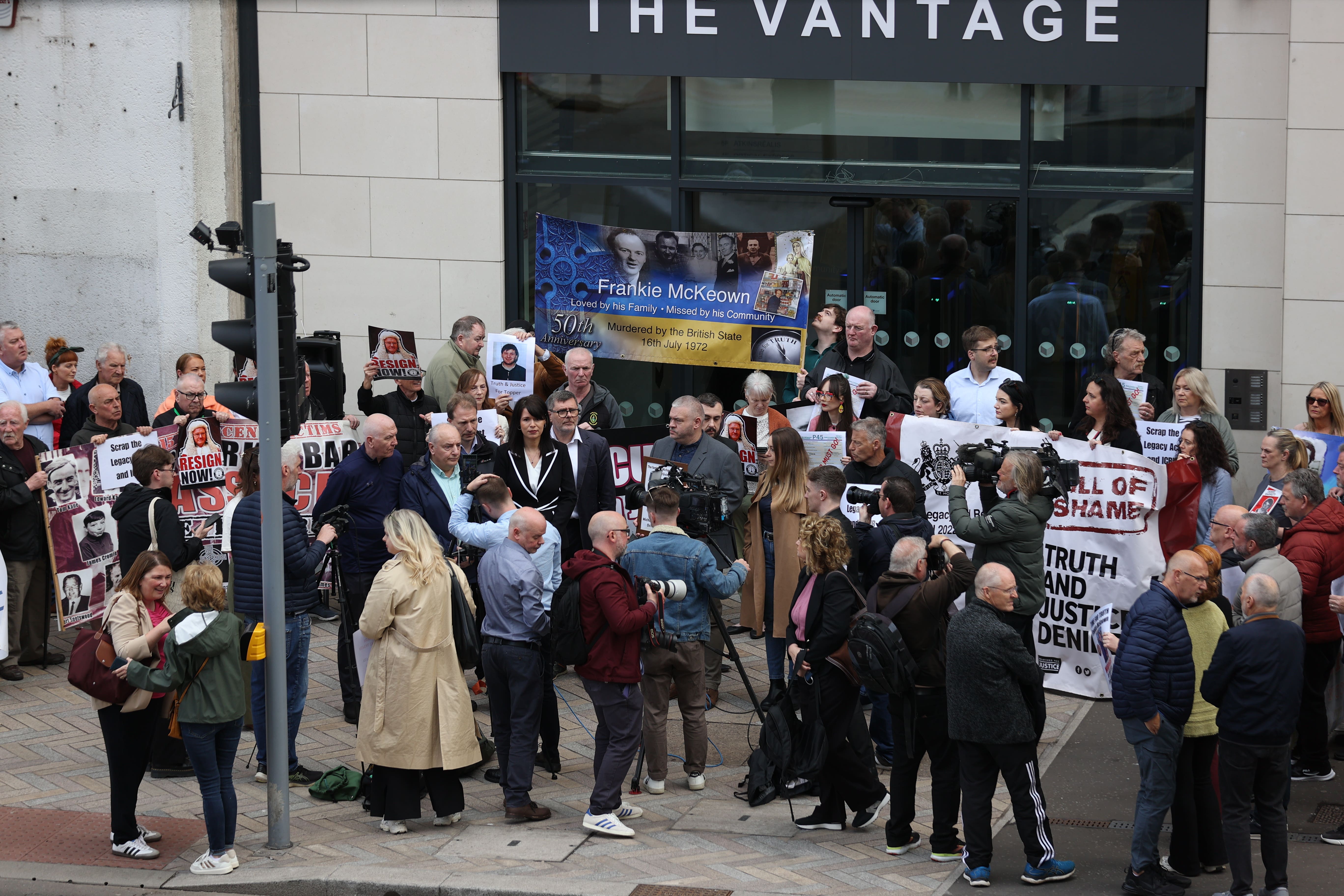 Campaigners take part in a protest organised by Relatives for Justice marking one year since the introduction of the Legacy Act, outside the Independent Commission for Reconciliation and Information Recovery (ICRIR) offices in Belfast. Picture date: Thursday May 1, 2025.
