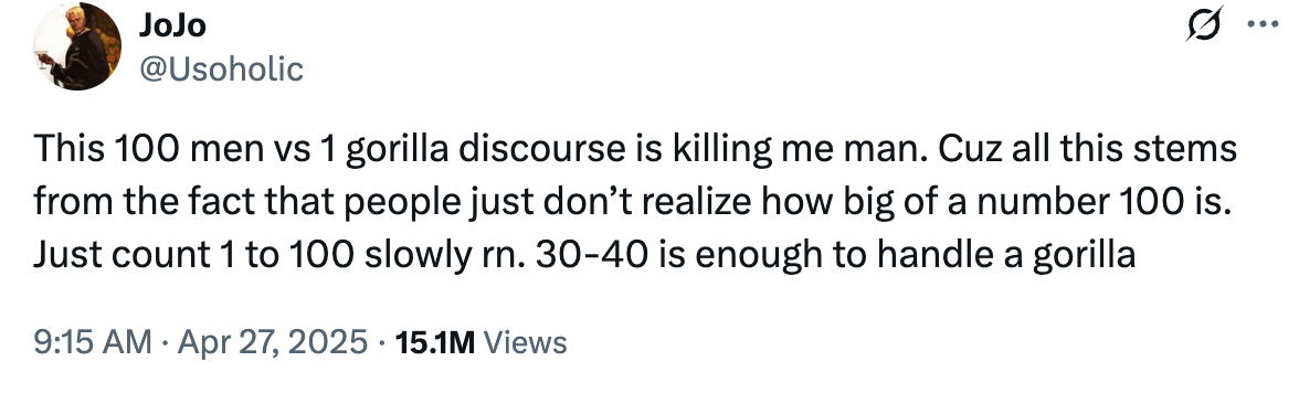 X user says he thinks 100 men could win fight against one gorilla in viral debate