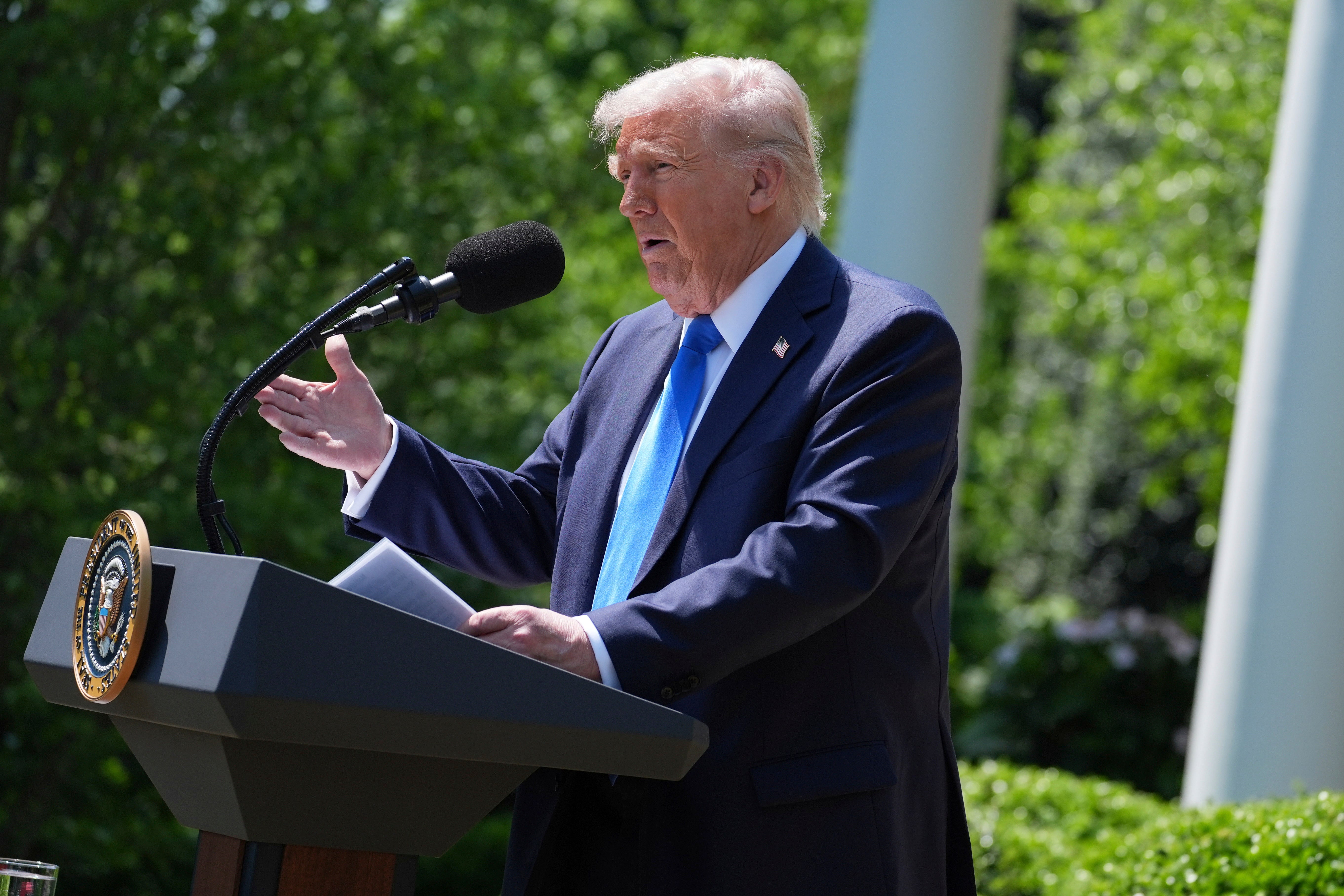 President Donald Trump repeats 2020 election lies and praises his own administrations efforts at the National Day of Prayer event in the Rose Garden