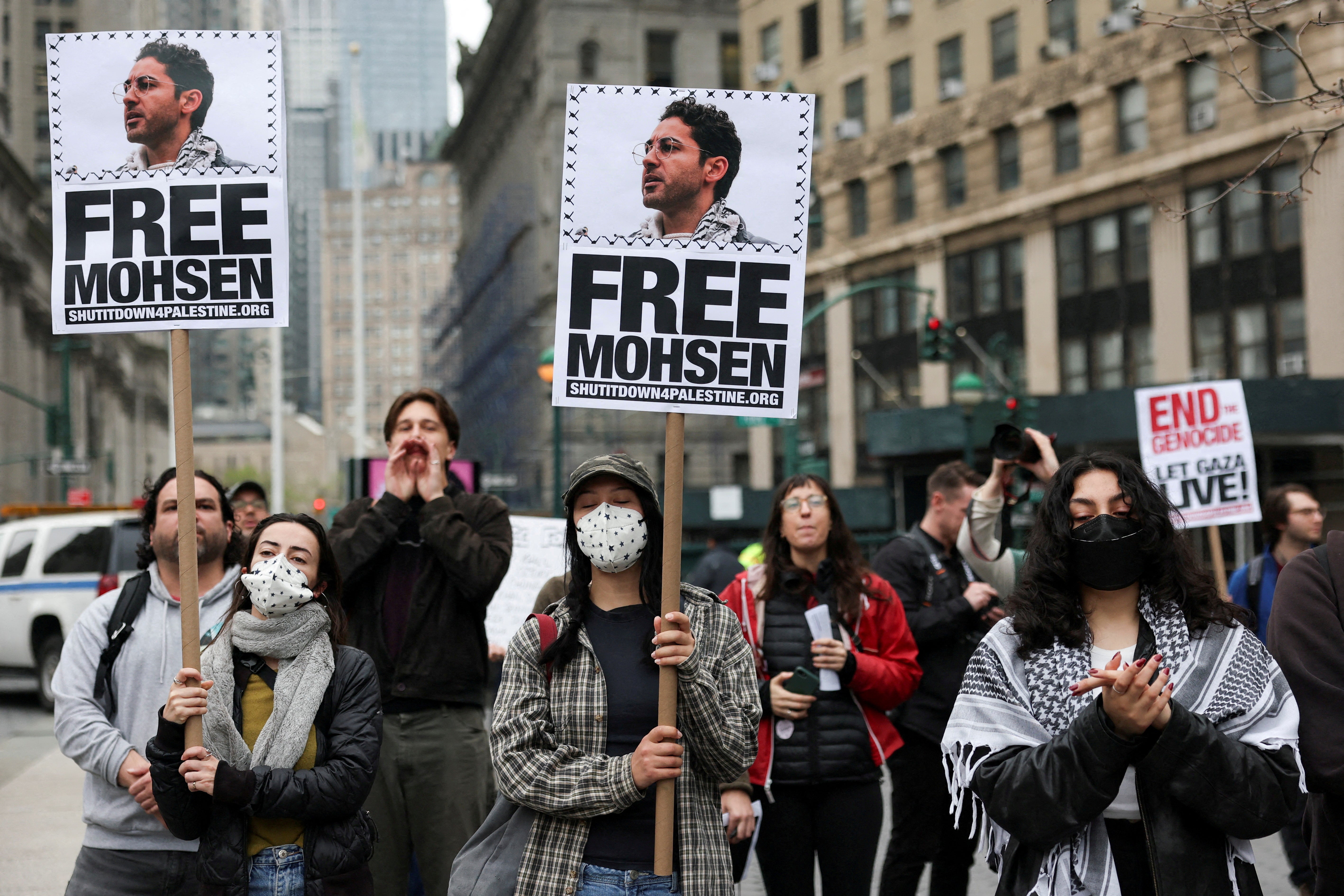 Demonstrators called for the release of Columbia activist Mohsen Mahdawi, who was released on bail from ICE detention on April 30 as he challenges his immigration case and the constitutionality of his arrest