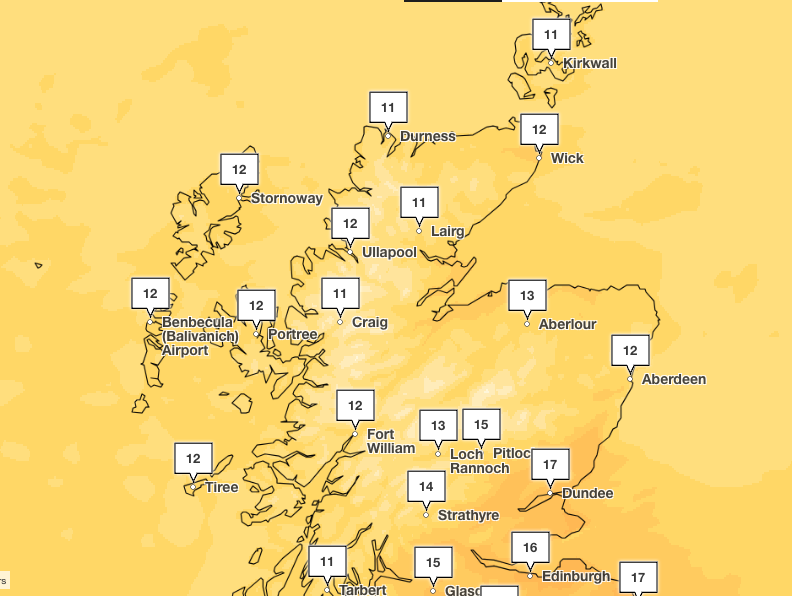 By contrast, cloud and showers have been forecast to move southeast across Scotland and Northern Ireland into northern England.