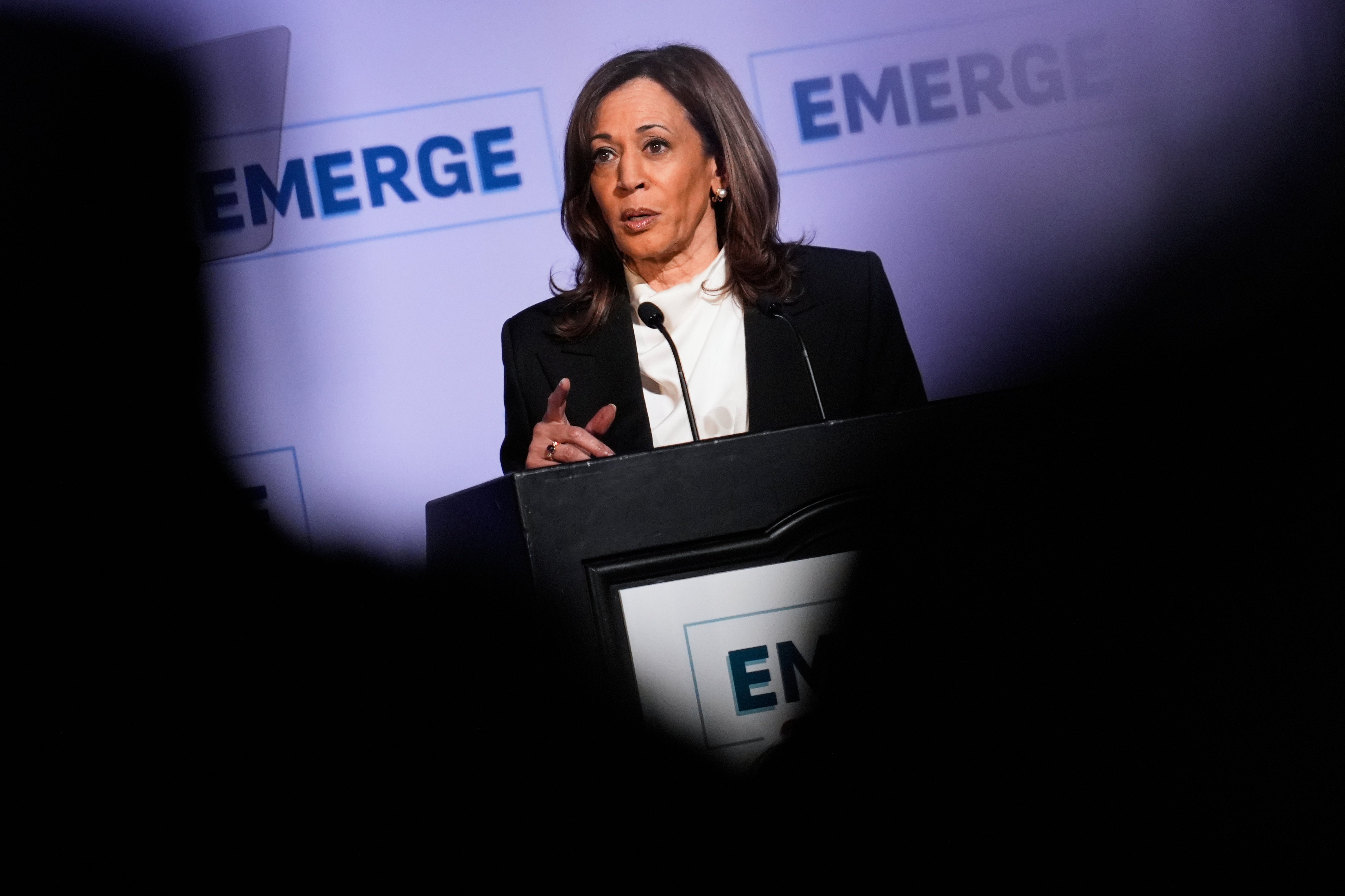 Former Vice President Kamala Harris delivers the keynote speech at the Emerge 20th Anniversary Gala in San Francisco