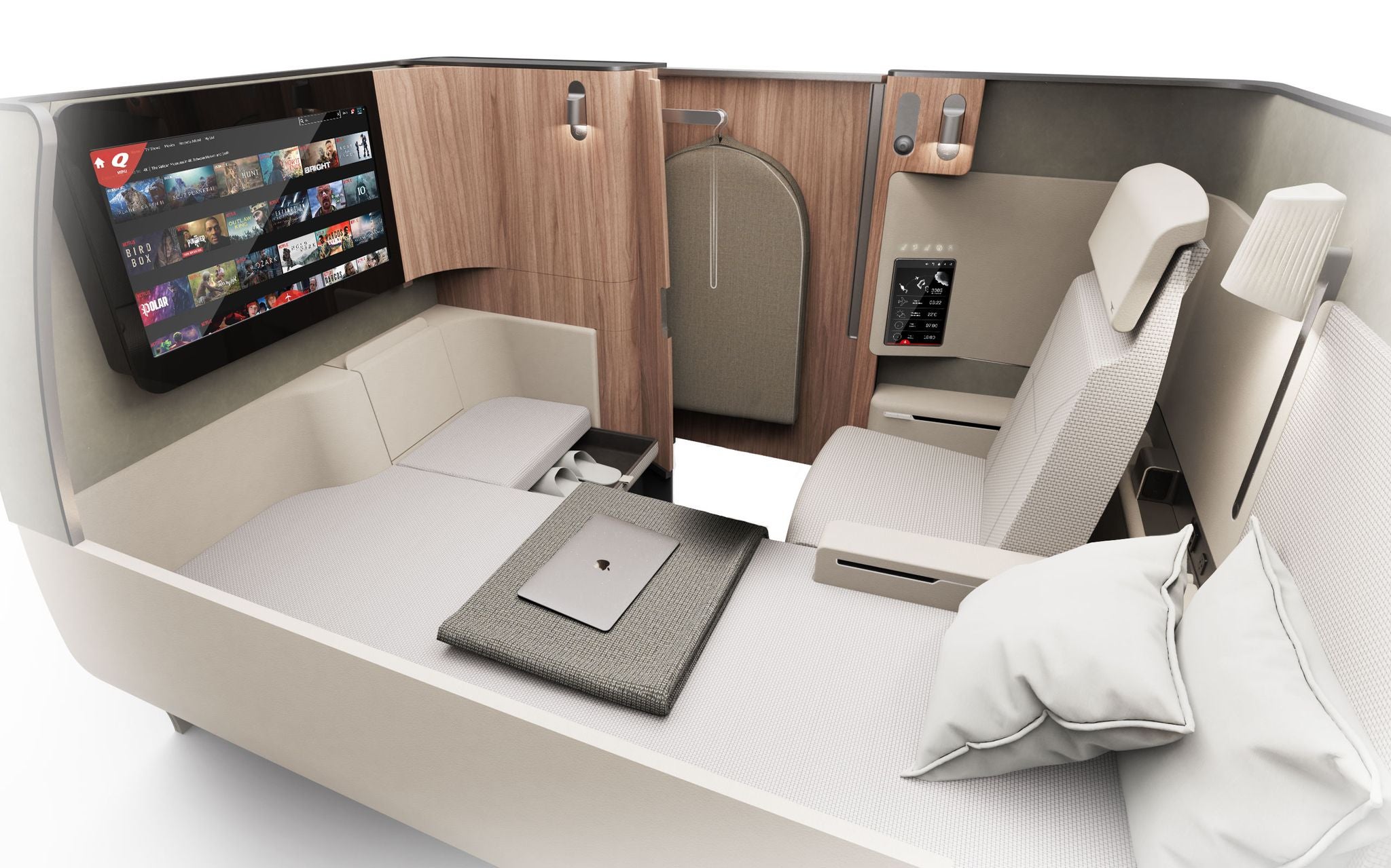 The Qantas project Sunrise First-Class Suite has a 6-inch 5-inch flat bed and a separate armchair