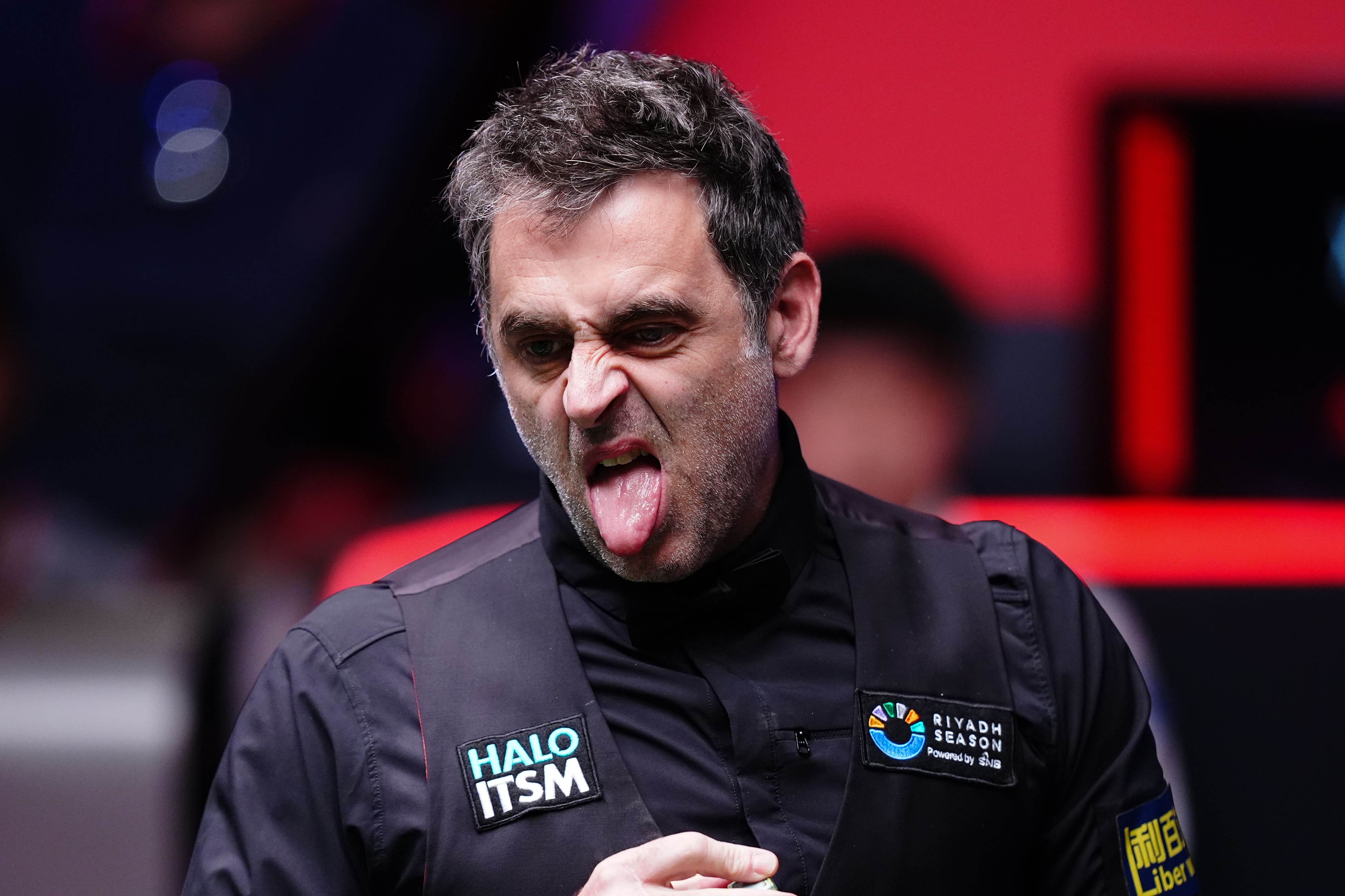 Ronnie O’Sullivan sticks his tongue out in disgust during the semi-final