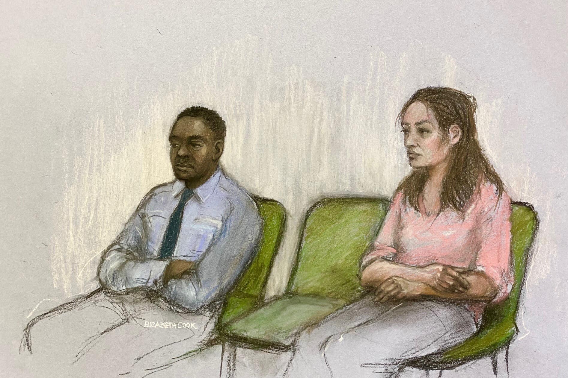A court sketch of Constance Marten and Mark Gordon