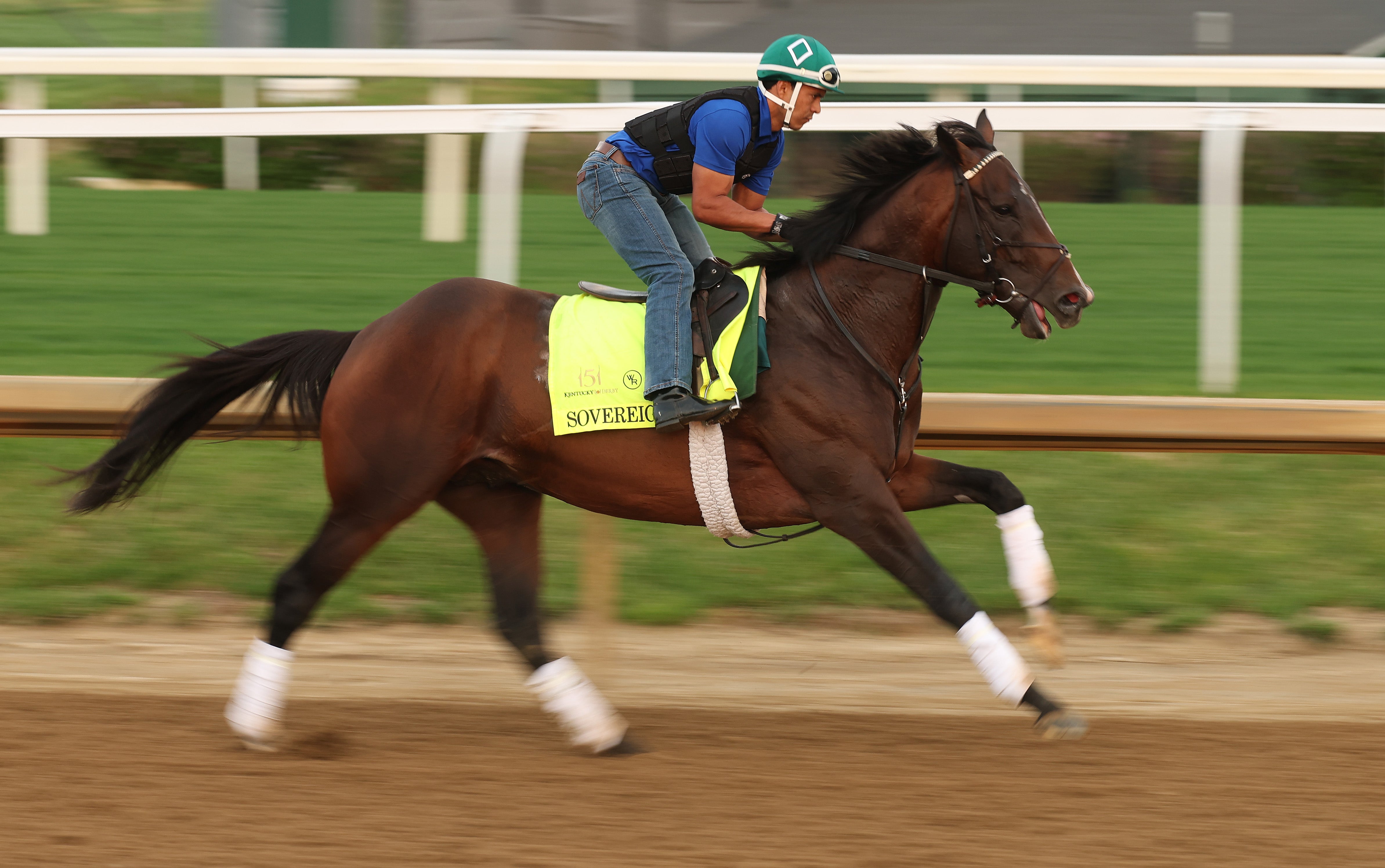 Sovereignty runs on the track during the morning training in preparation for the 151th Kentucky Derby at Churchill Downs