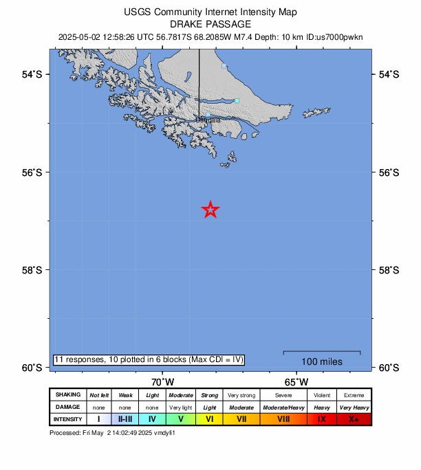 Handout shakemap made available by the United States Geological Survey (USGS) shows the location of a 7.4-magnitude earthquake hitting in the Drake Passage south of the Magallanes region, Chile