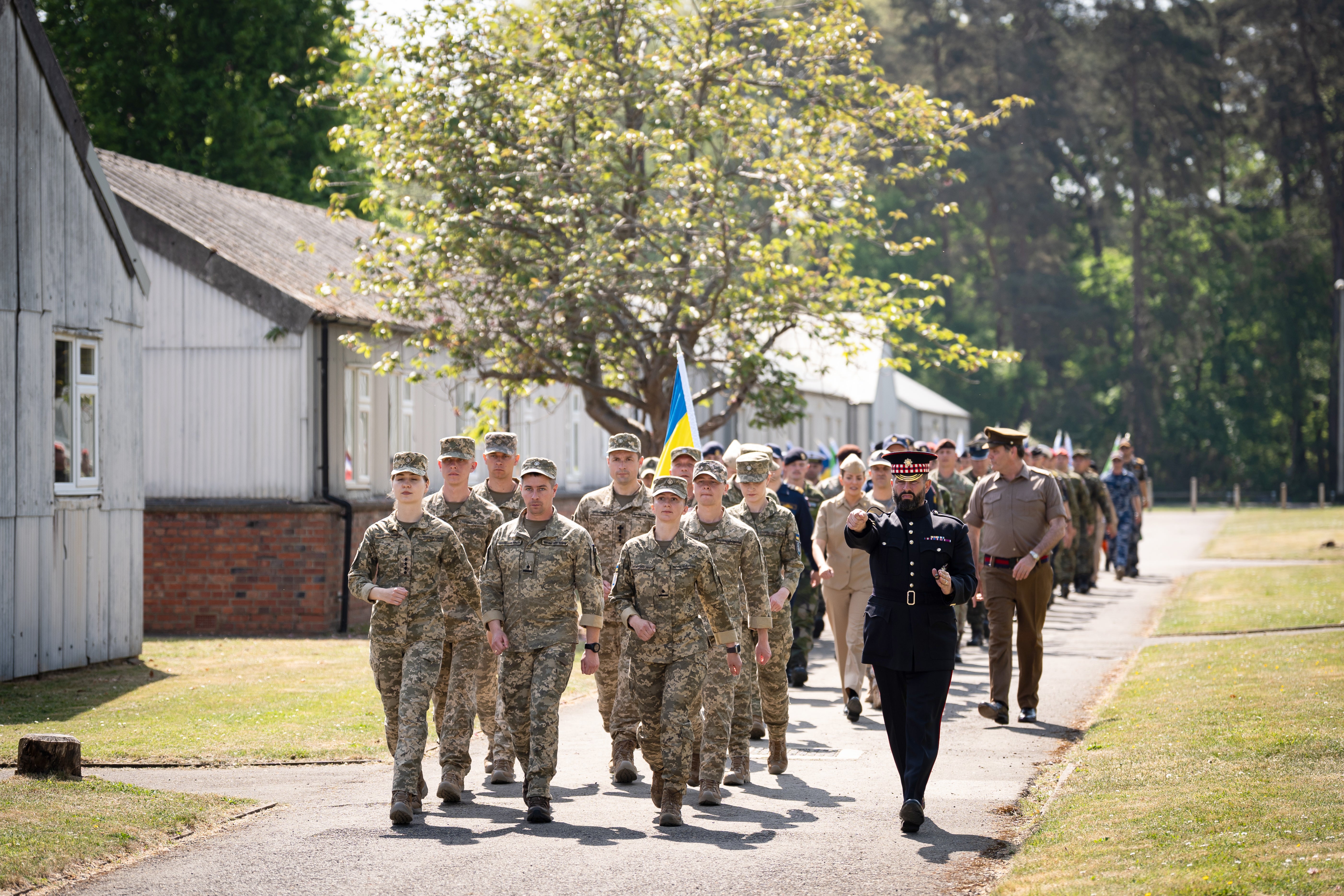 Members of the Ukrainian armed forces taking part in a procession rehearsal at Army Training Centre Pirbright in Woking, Surrey, on Friday