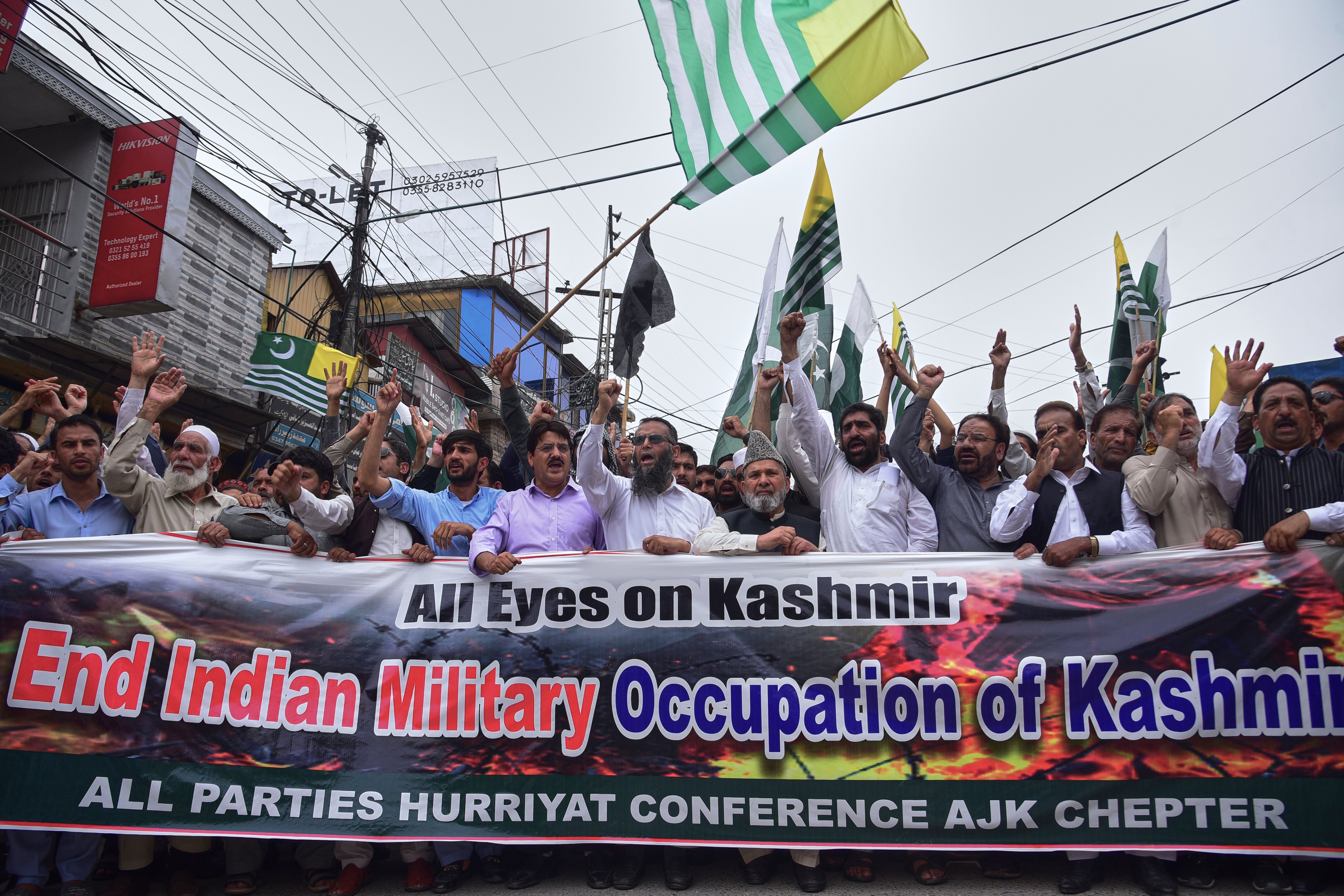 Supporters of All Parties Hurriyat Conference chant slogans during an anti India rally, in Muzaffarabad, the capital of Pakistan's controlled Kashmir