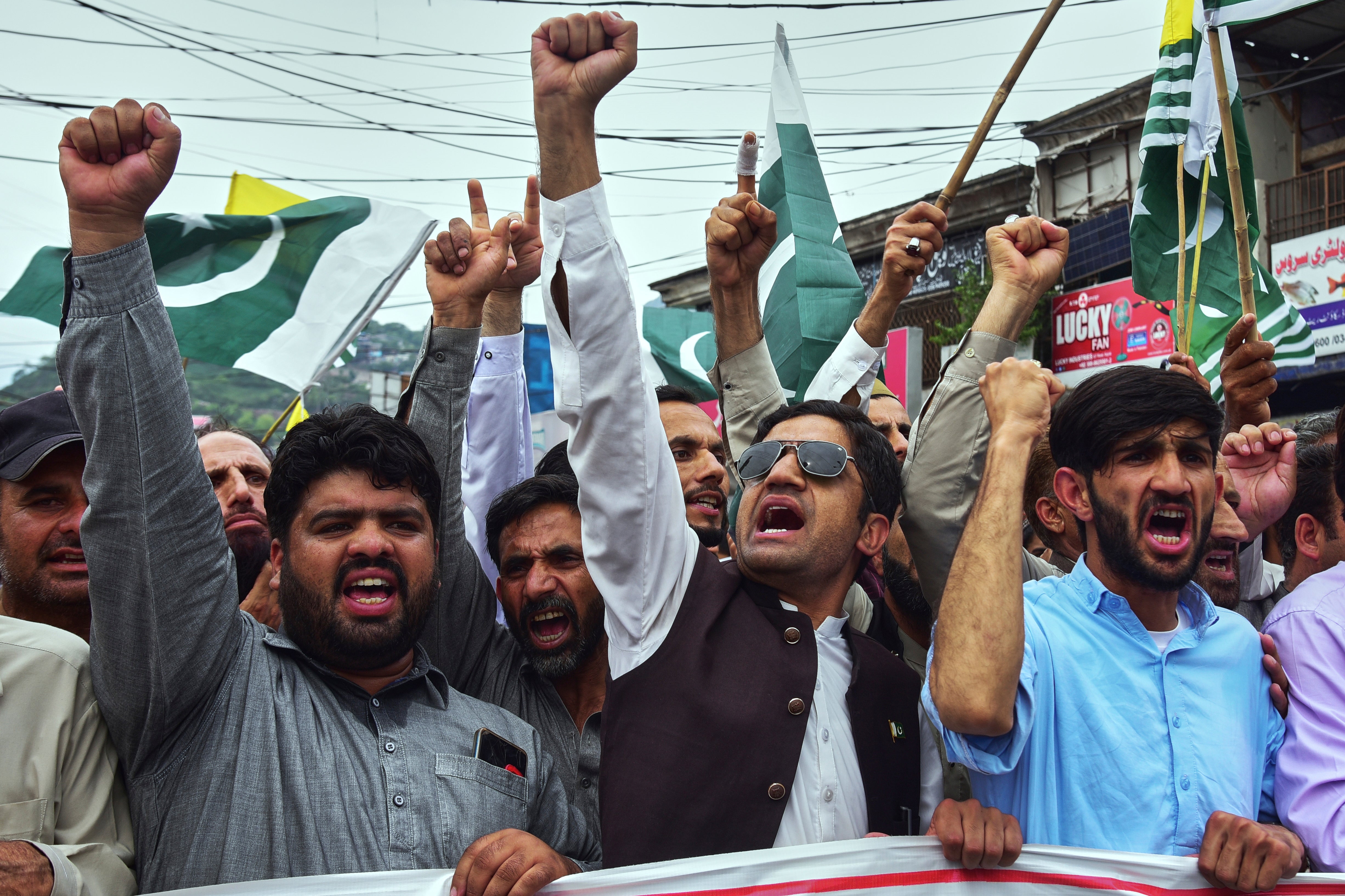 Supporters of All Parties Hurriyat Conference chant slogans during an anti India rally, in Muzaffarabad, the capital of Pakistan's controlled Kashmir, Friday, 2 May 2025