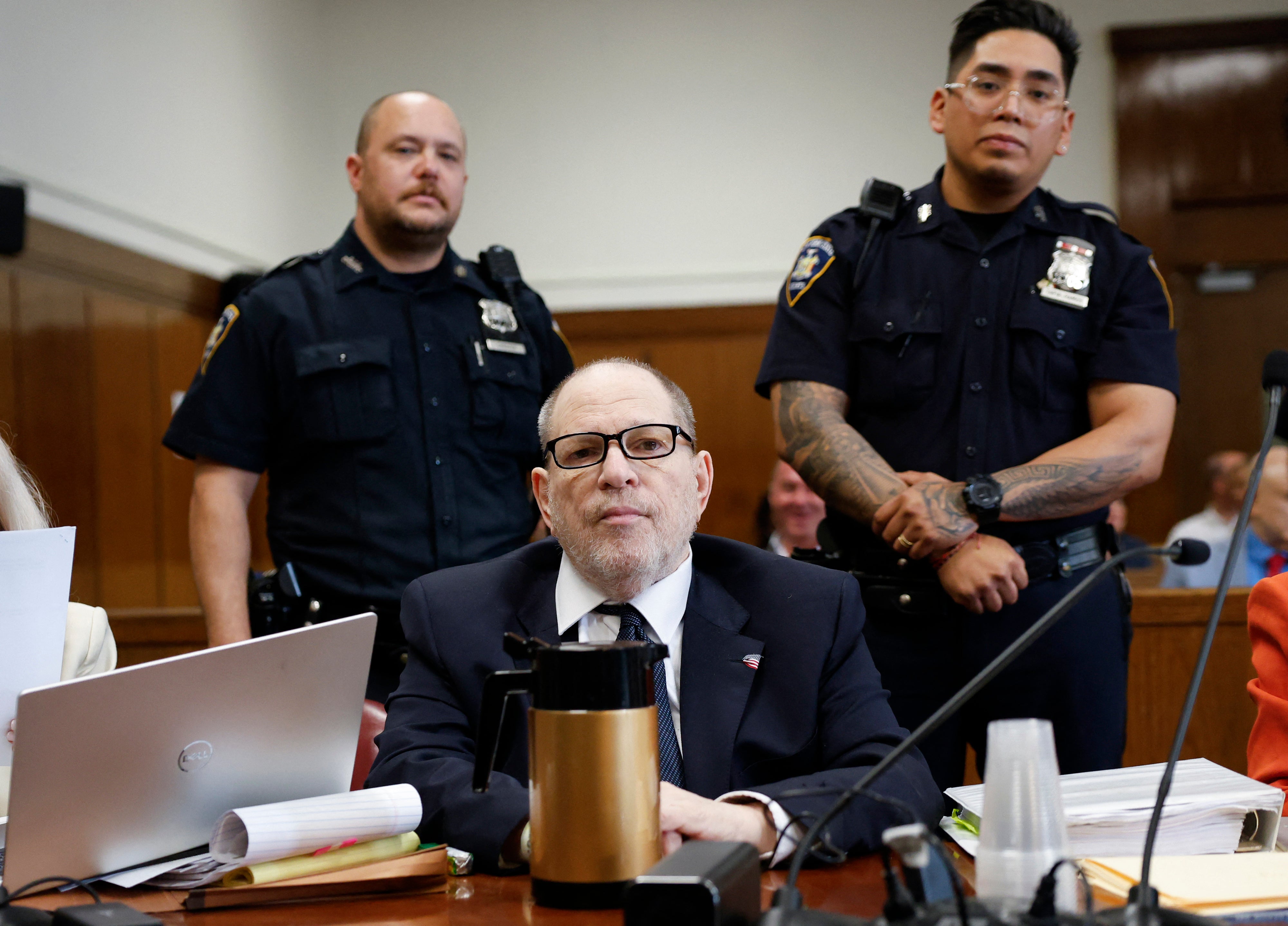 Harvey Weinstein watches on during his retrial on Friday. Weinstein has denied all charges against him
