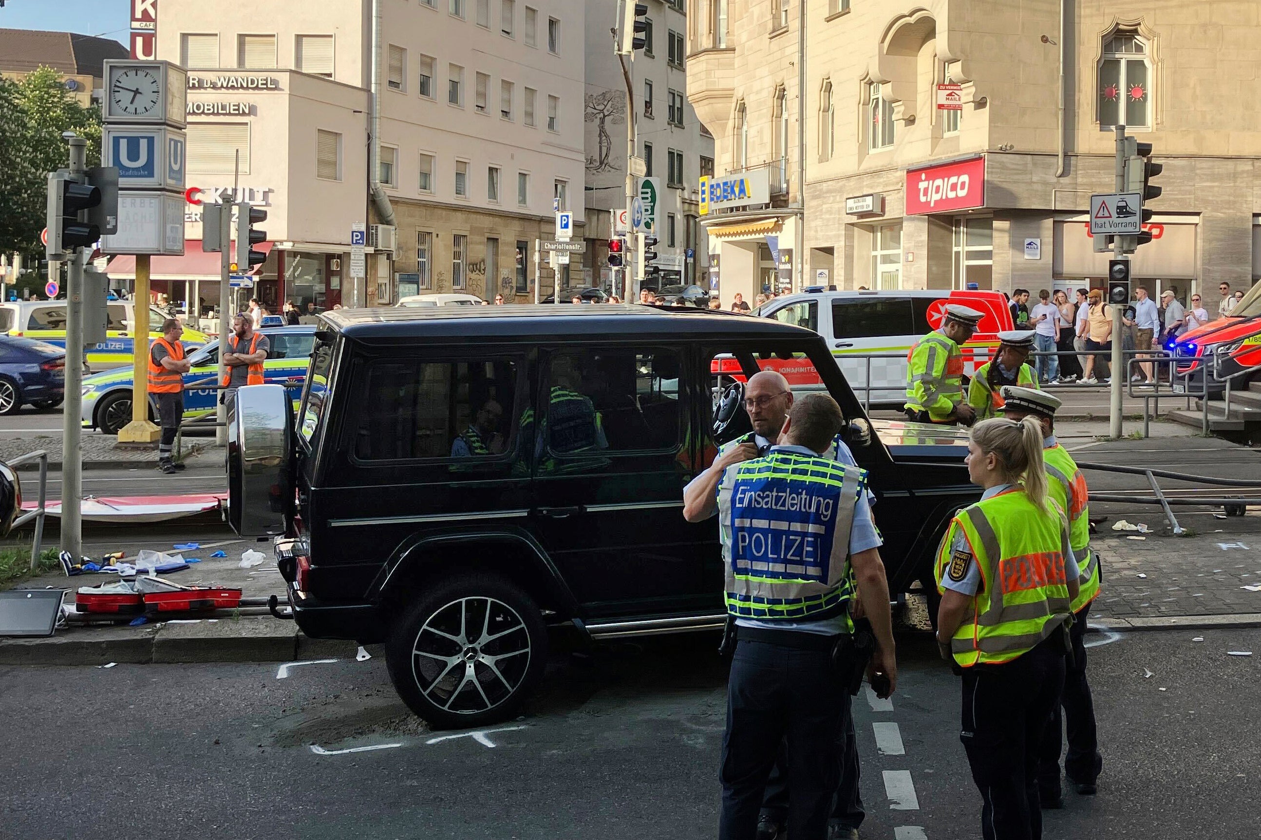 Police work at the scene where a vehicle collided into a group of people in Stuttgart, Germany, on May 2, 2025