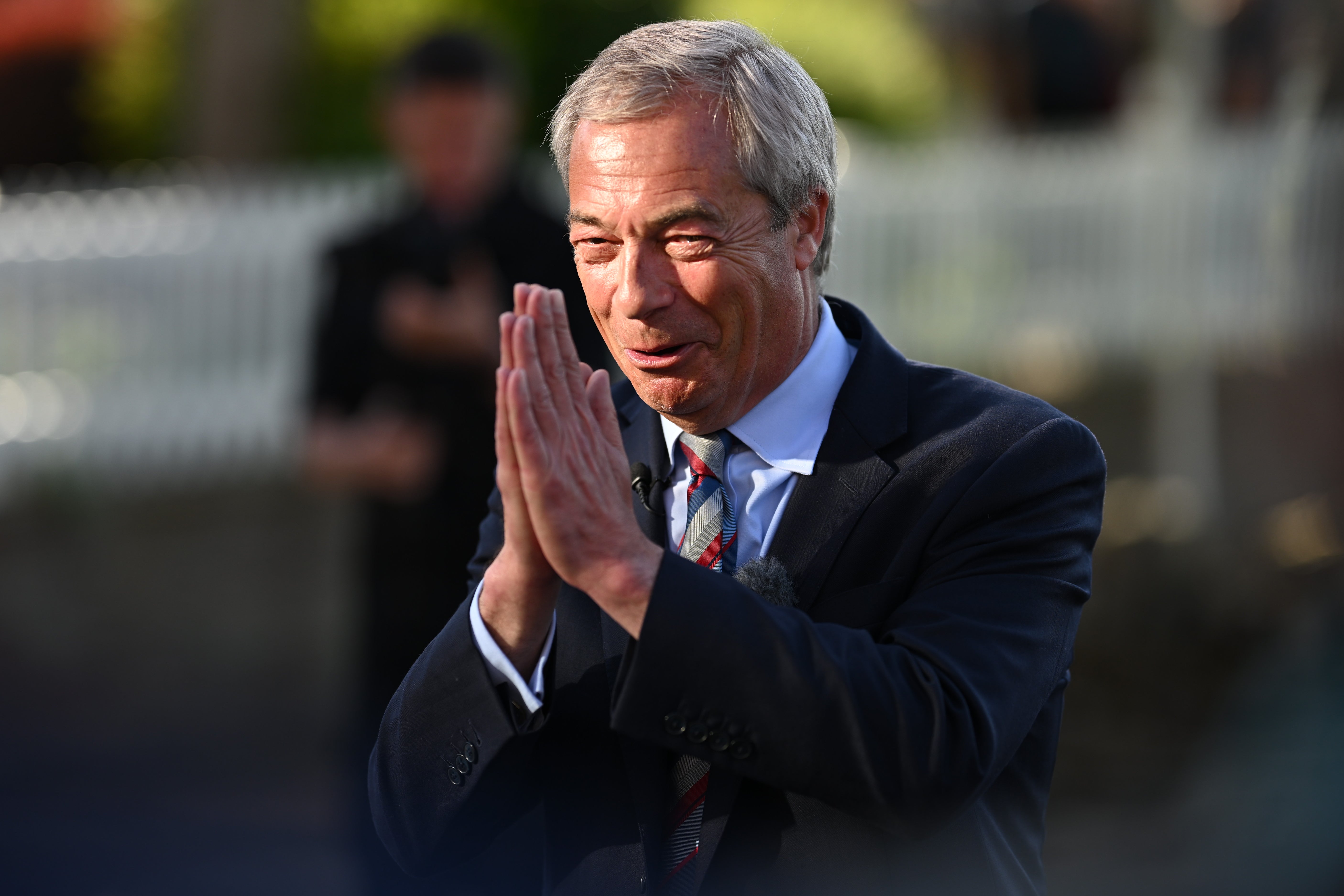 Nigel Farage celebrates his party’s ‘turquoise tidal wave’ in Stafford earlier this month