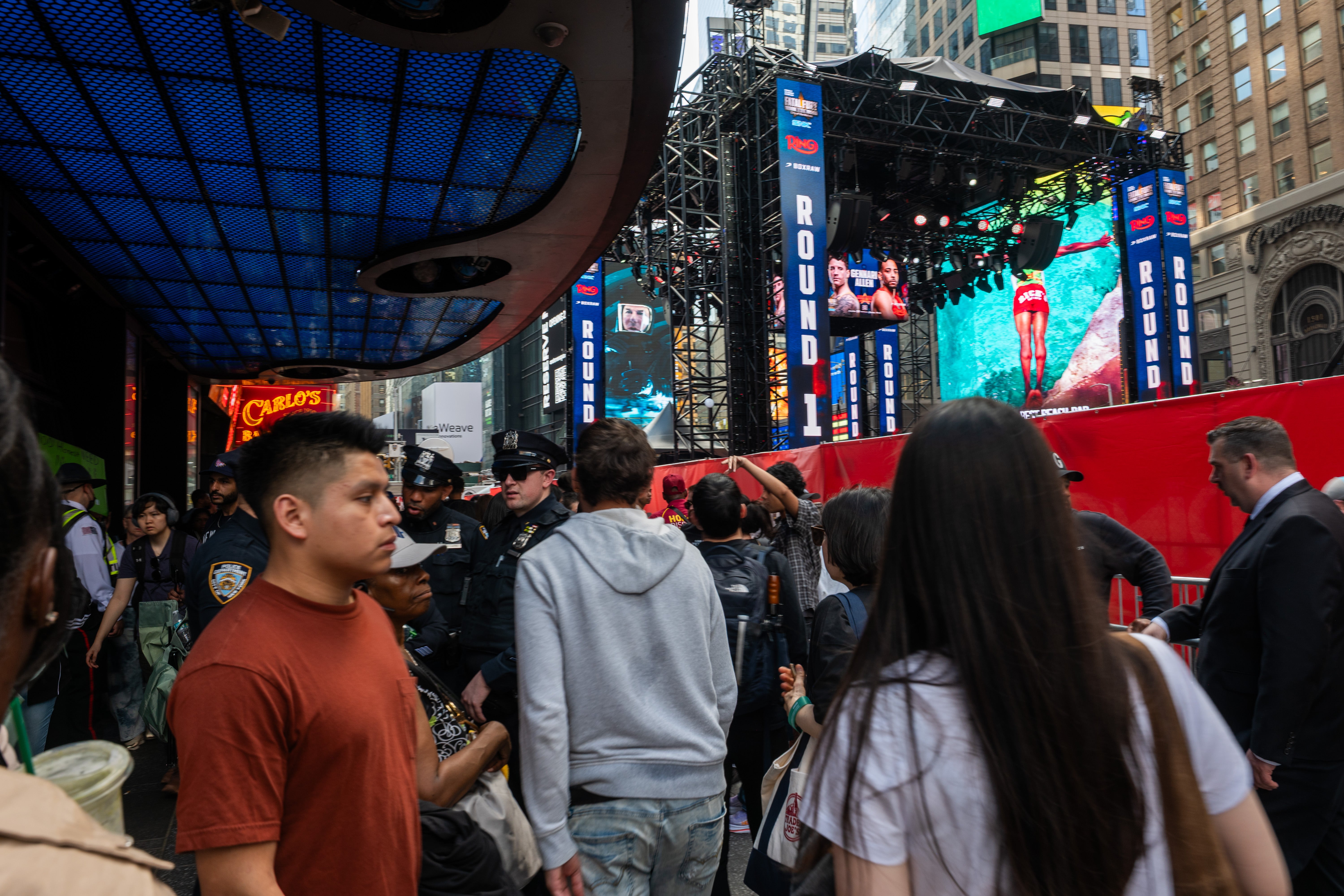 The set-up in Times Square for boxing