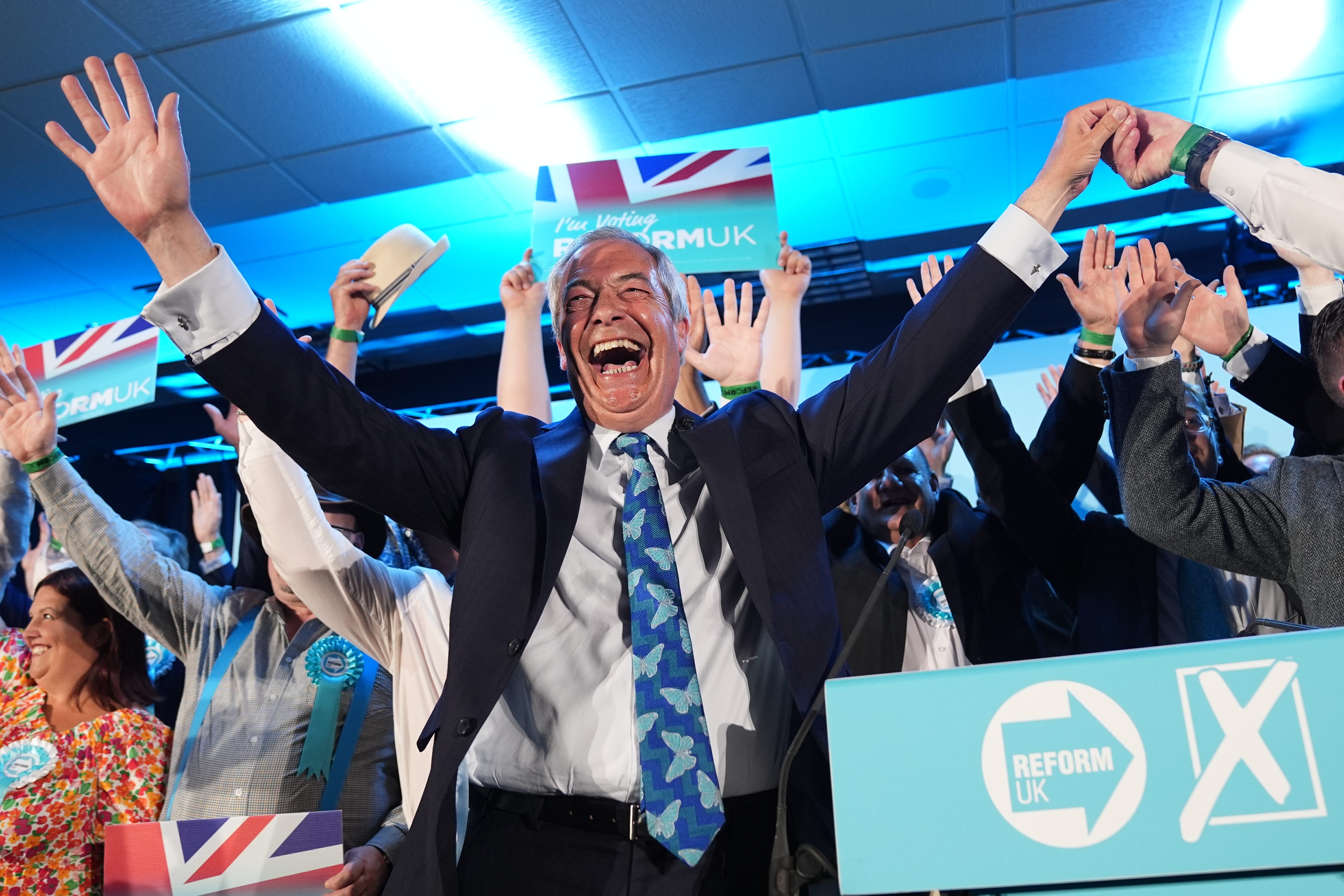 Reform UK is now in control of eight councils, while the Tories lost all 15 local authorities it controlled going into Thursday’s local elections. (Jacob King/PA)