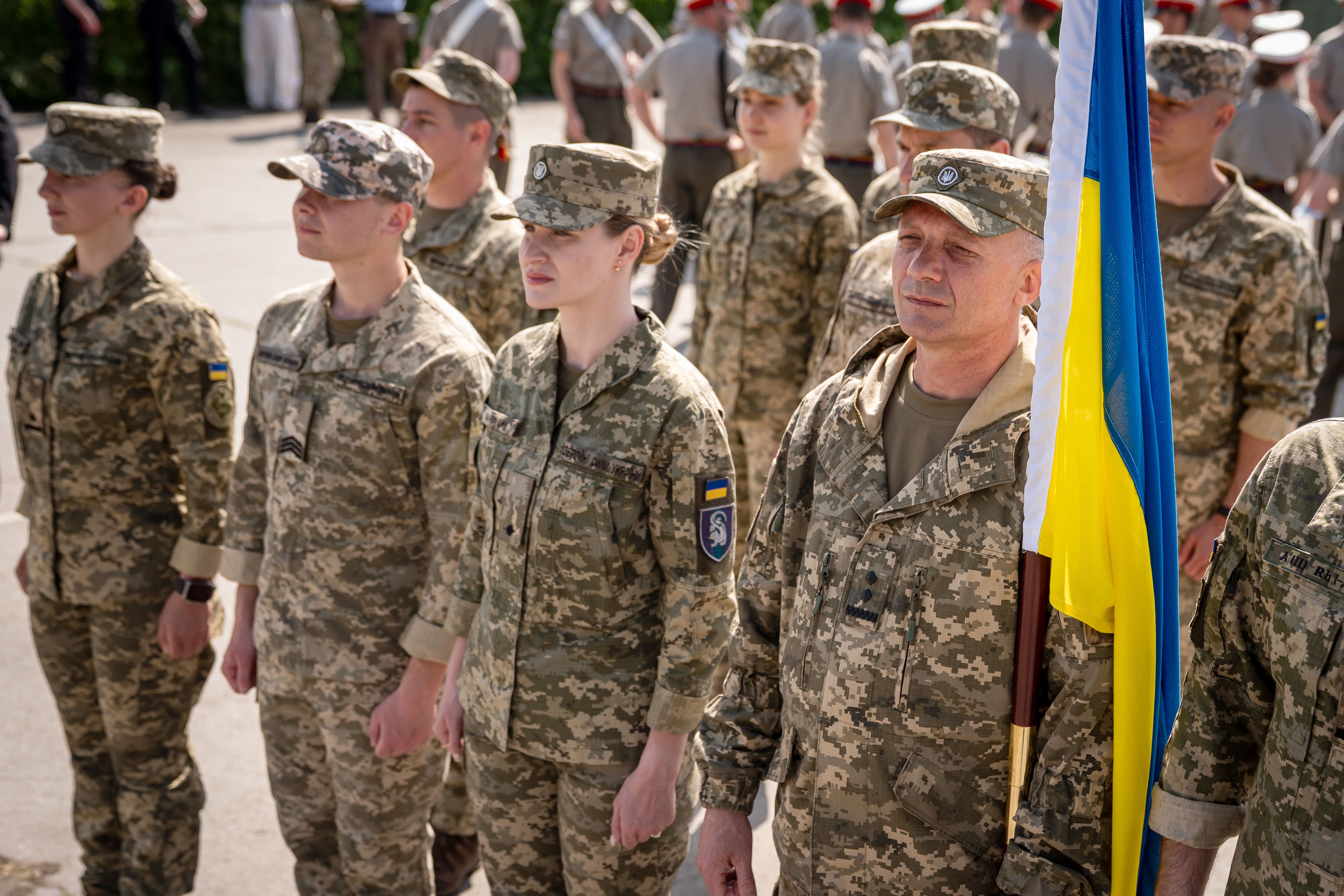 Members of the Ukrainian armed forces taking part in a procession rehearsal in preparation for the VE Day 80th anniversary on May 5 (Aaron Chown/PA)