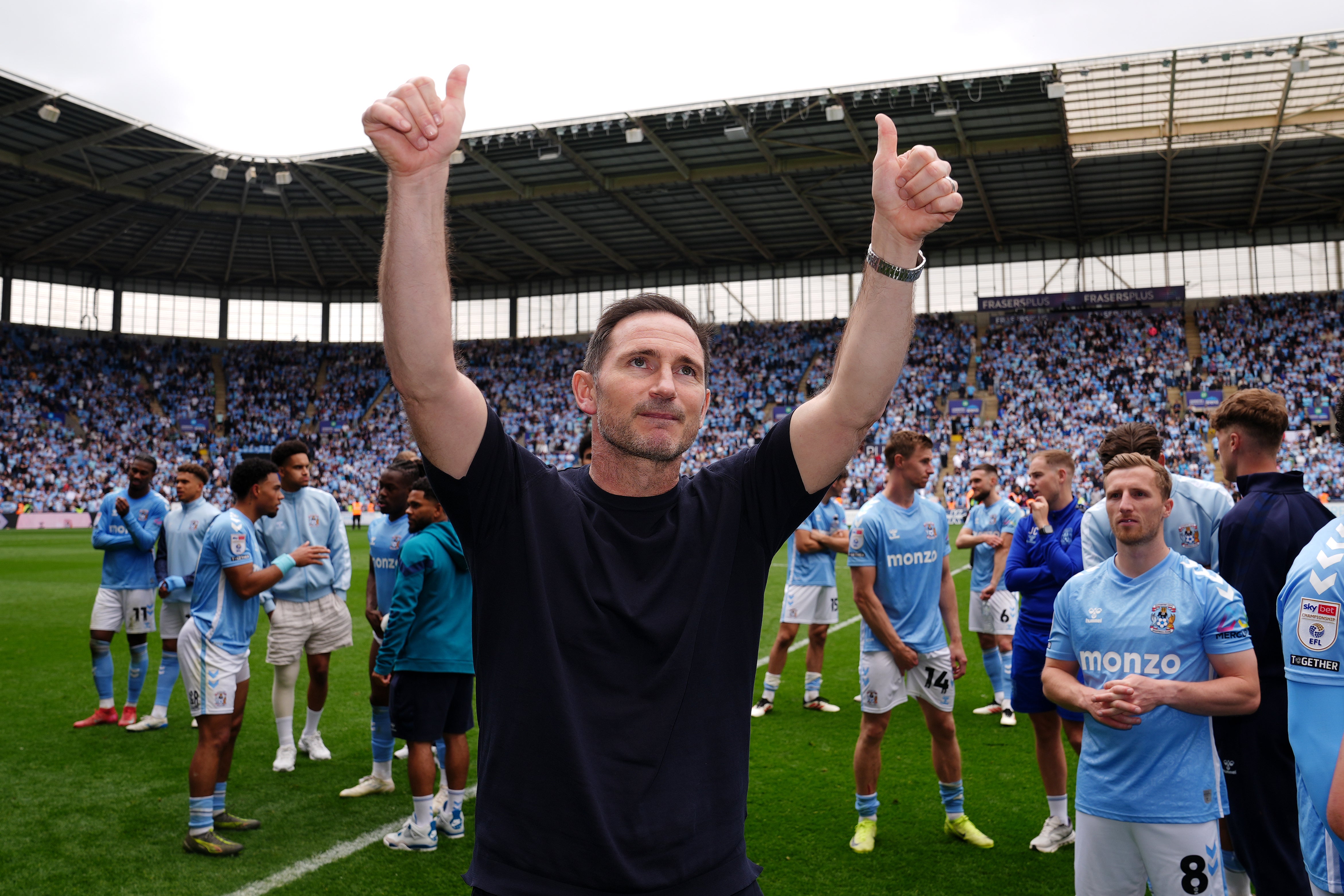 Frank Lampard celebrates after Coventry secured their place in the play-offs
