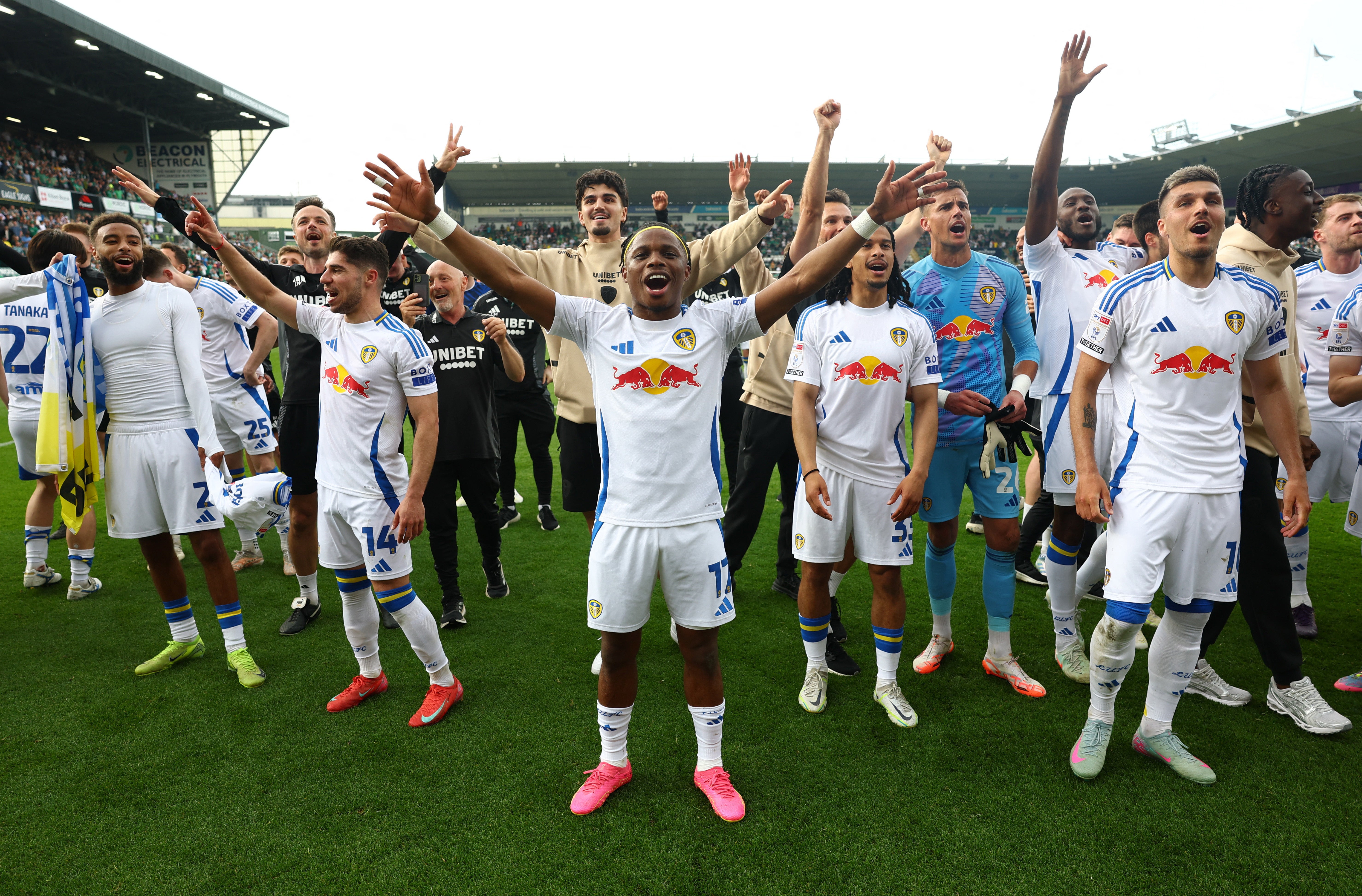 Daniel Farke’s Leeds United celebrate winning the Championship